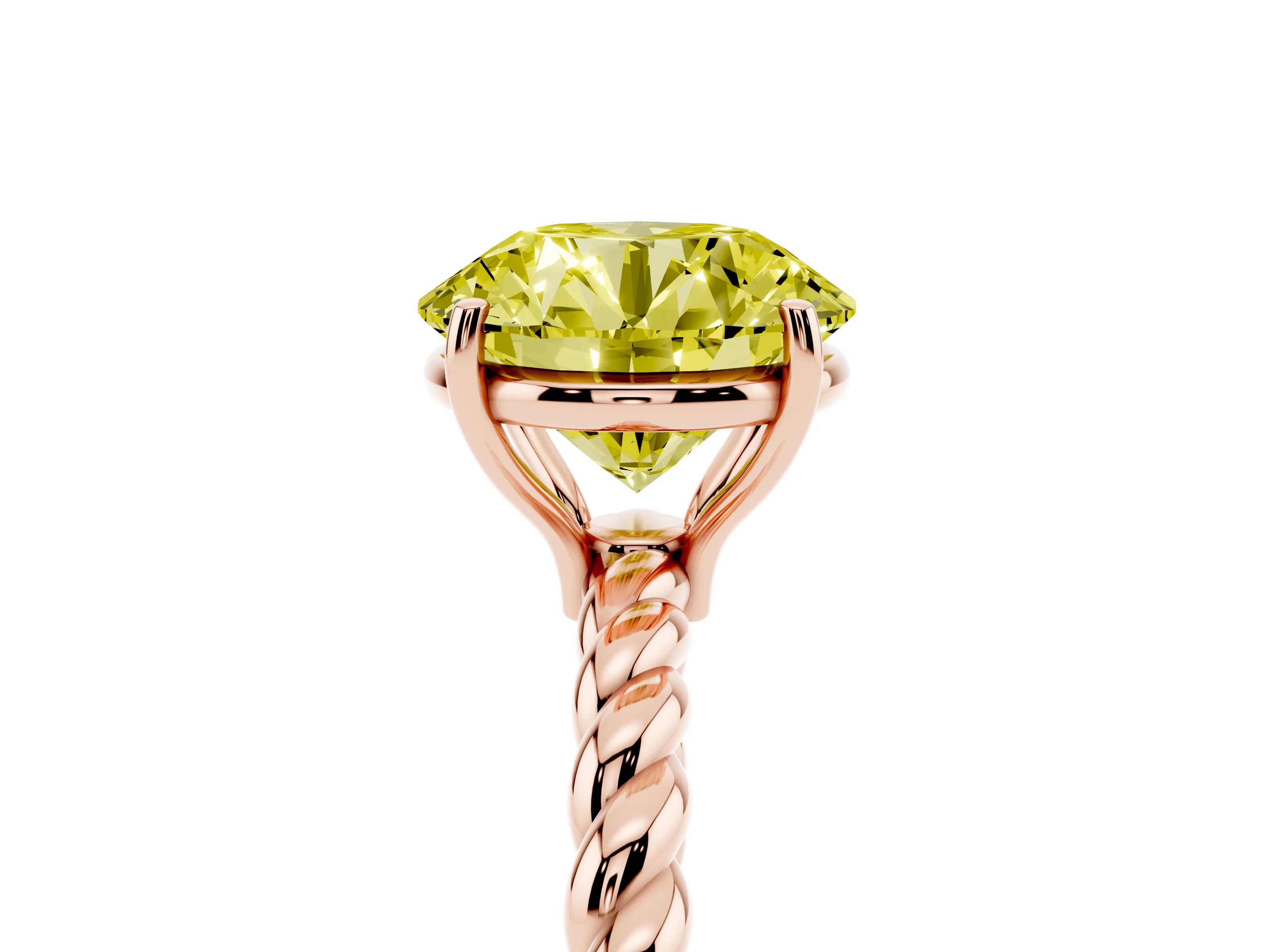 Fancy Yellow Round Cut Diamond Solitaire Ring Set in Rose gold with Twist Band and Prong Setting