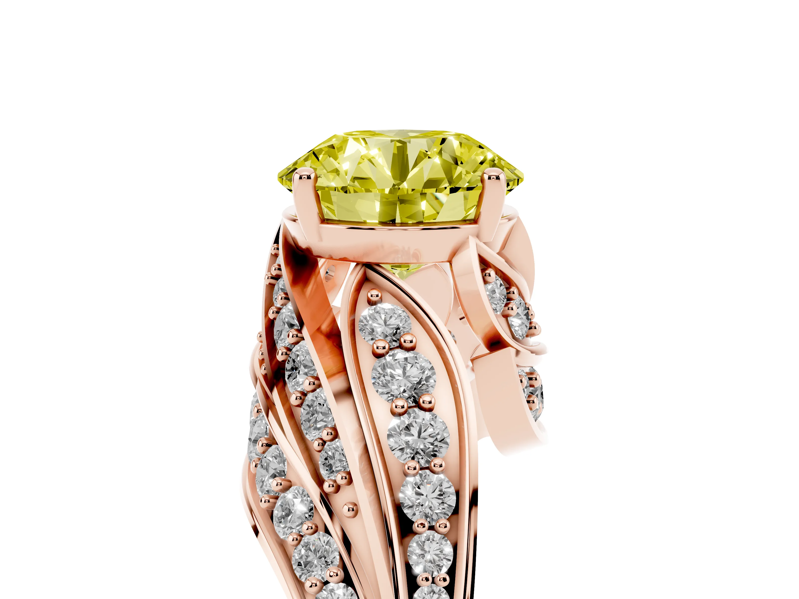 Fancy Yellow Round Cut Diamond Solitaire Ring Set in Rose gold with Layered Twist Pavé Band