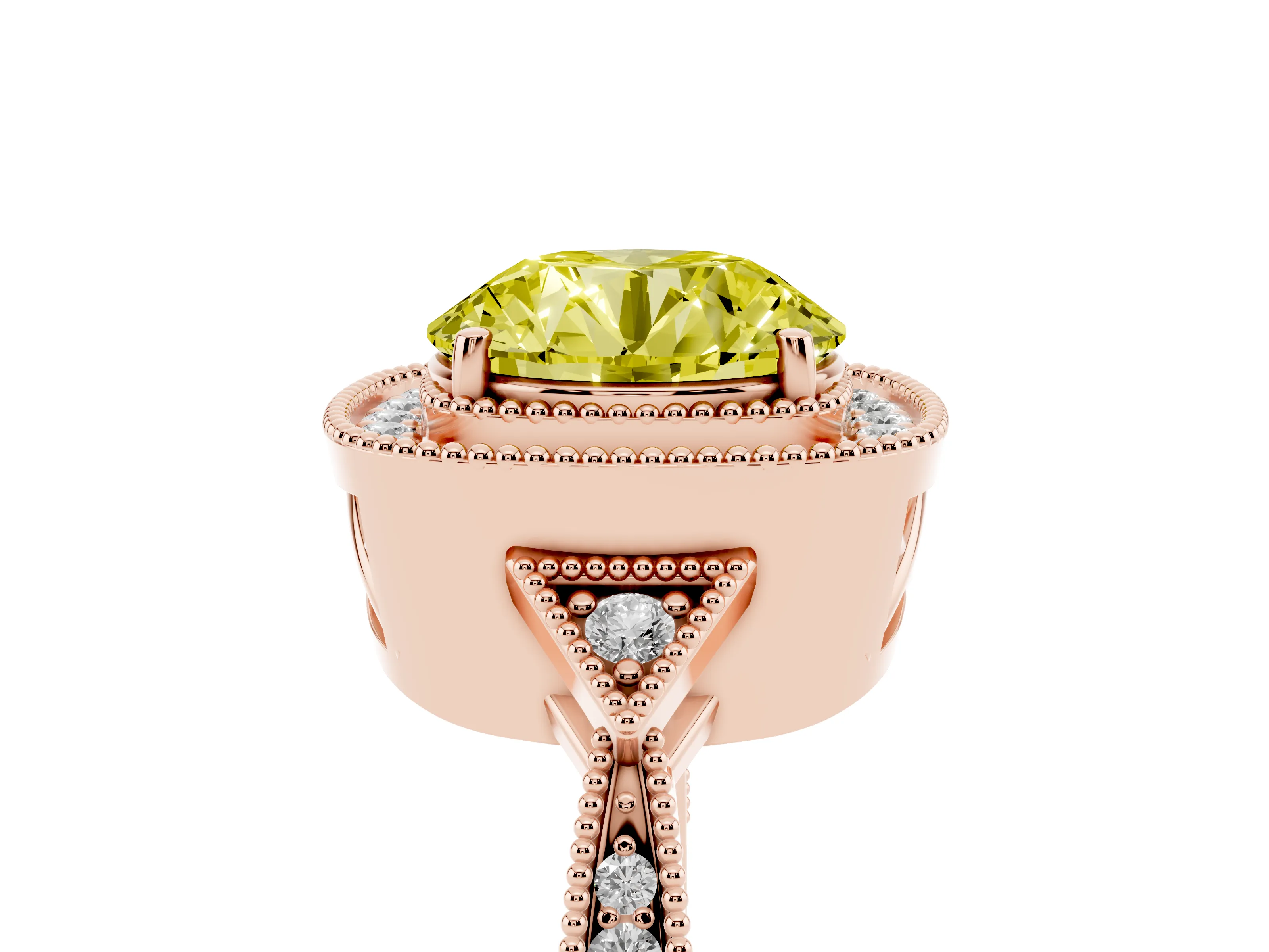 Fancy Yellow Round Cut Diamond Halo Engagement Ring Set in Rose gold with Milgrain Pavé Band