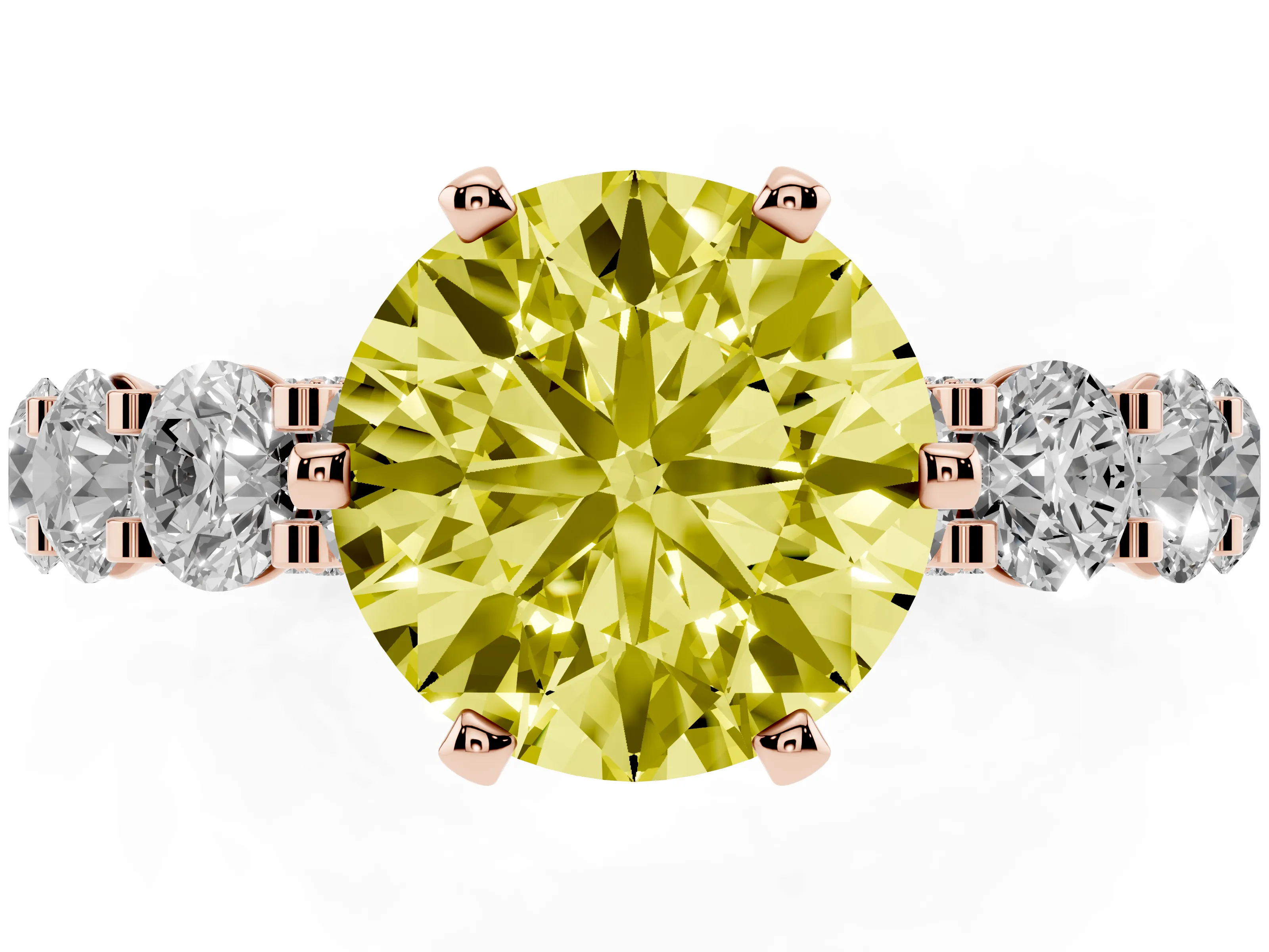 Fancy Yellow Round Cut Diamond Side Stone Ring Set in Rose gold with Alternating Round and Oval Side Stones