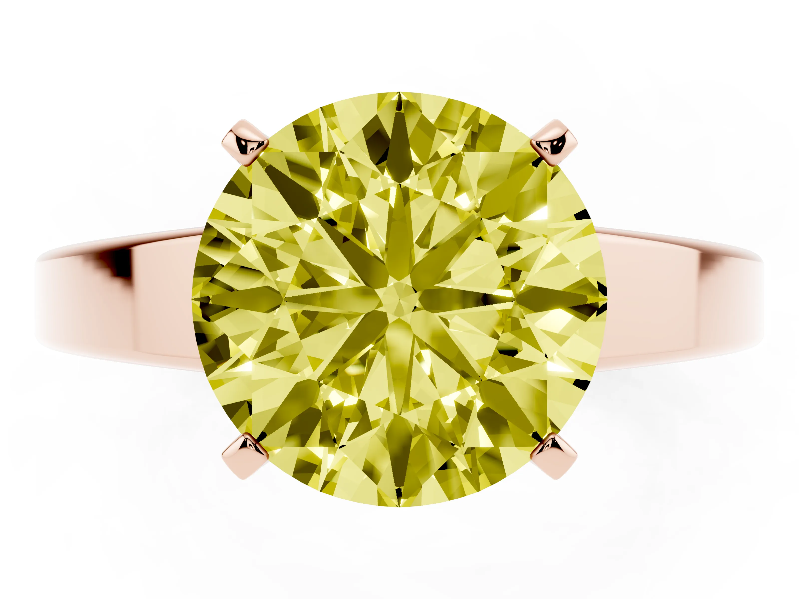Fancy Yellow Round Cut Diamond Solitaire Engagement Ring Set in Rose gold with Prong Setting and Tapered Band