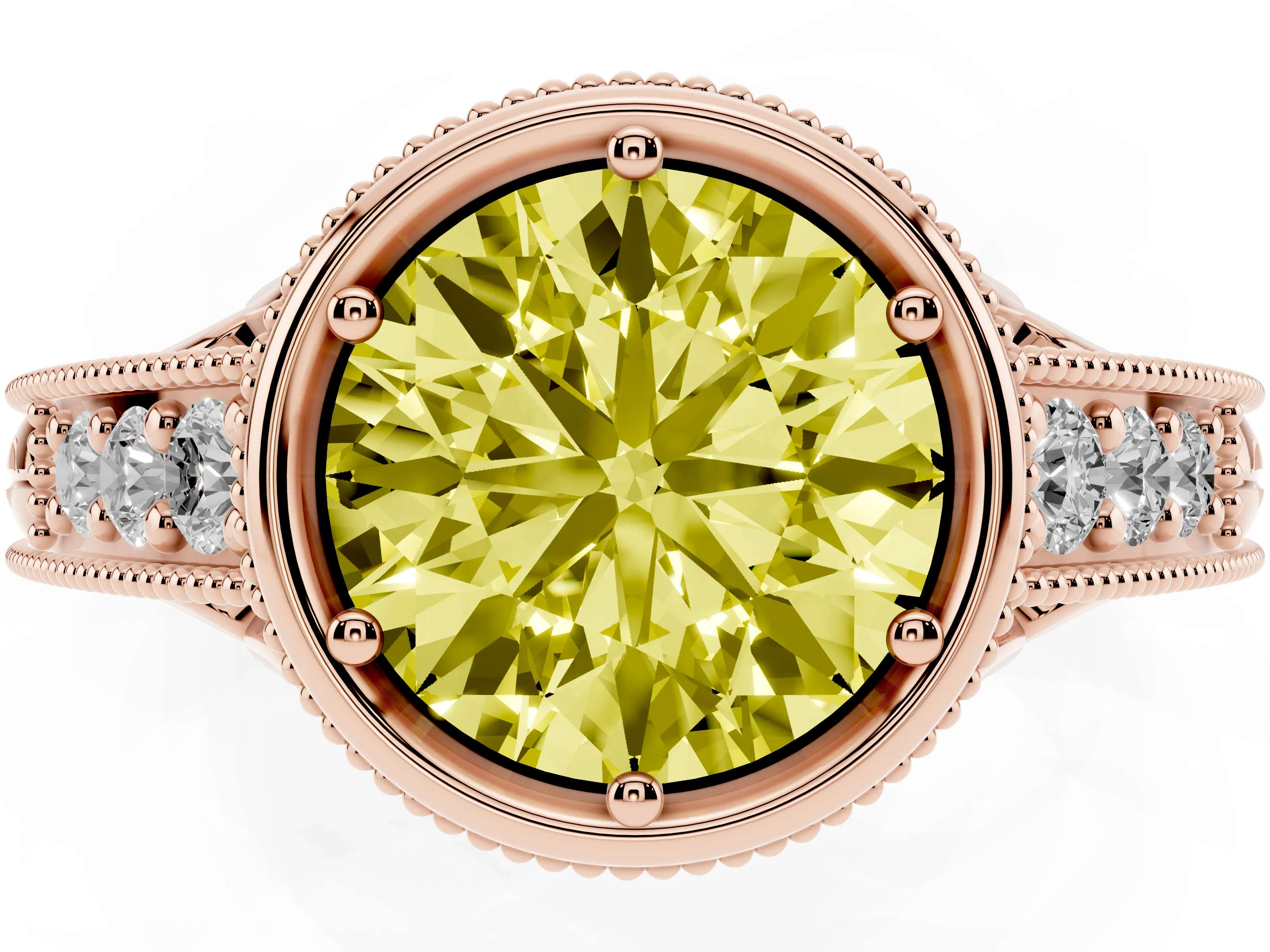 Fancy Yellow Bezel Set Round Cut Diamond Milgrain Pavé Engagement Ring Set in Rose gold