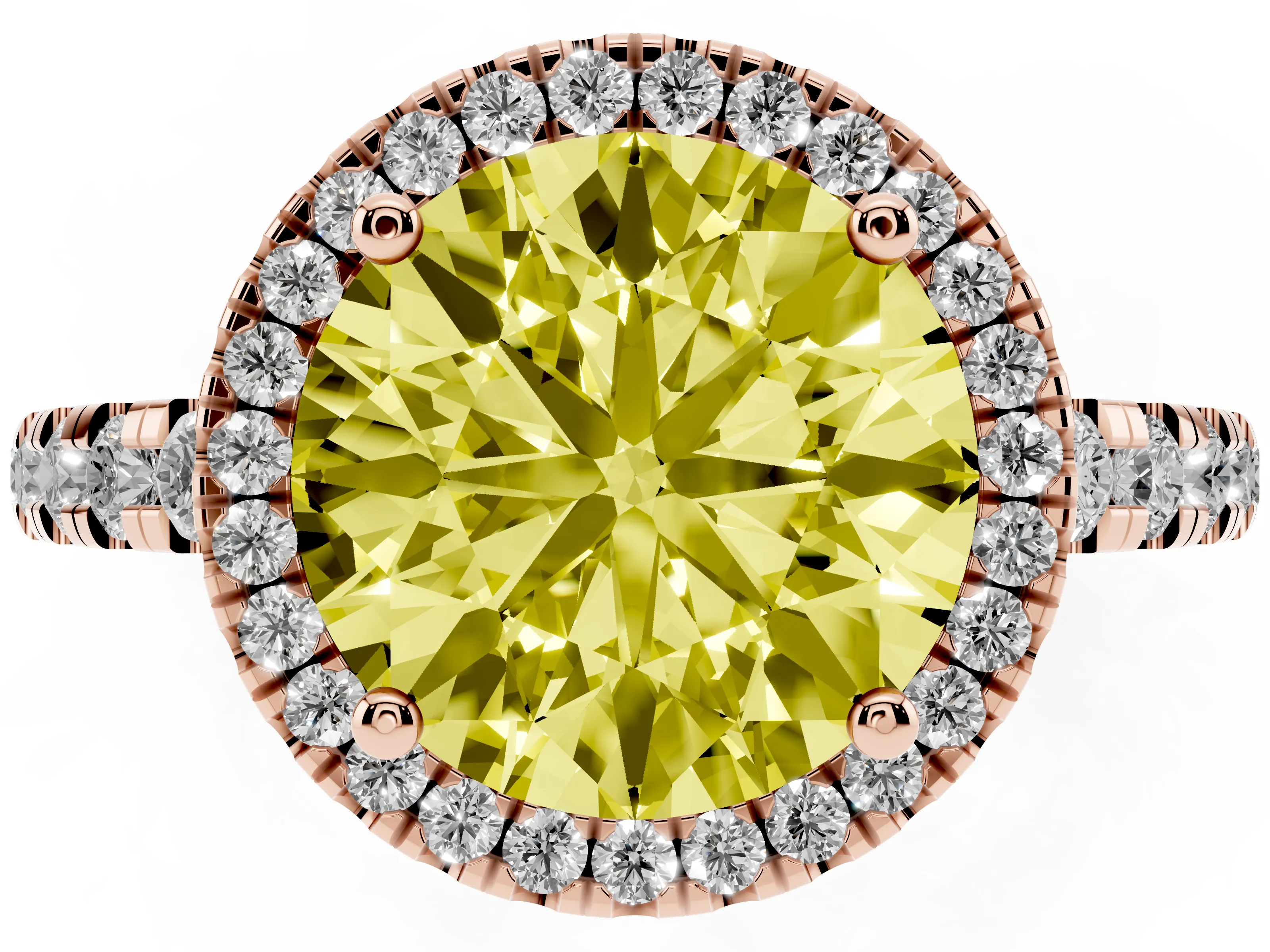 Fancy Yellow Round Cut Diamond Halo Ring Set in Rose gold with Delicate Pavé Band and Prong Setting