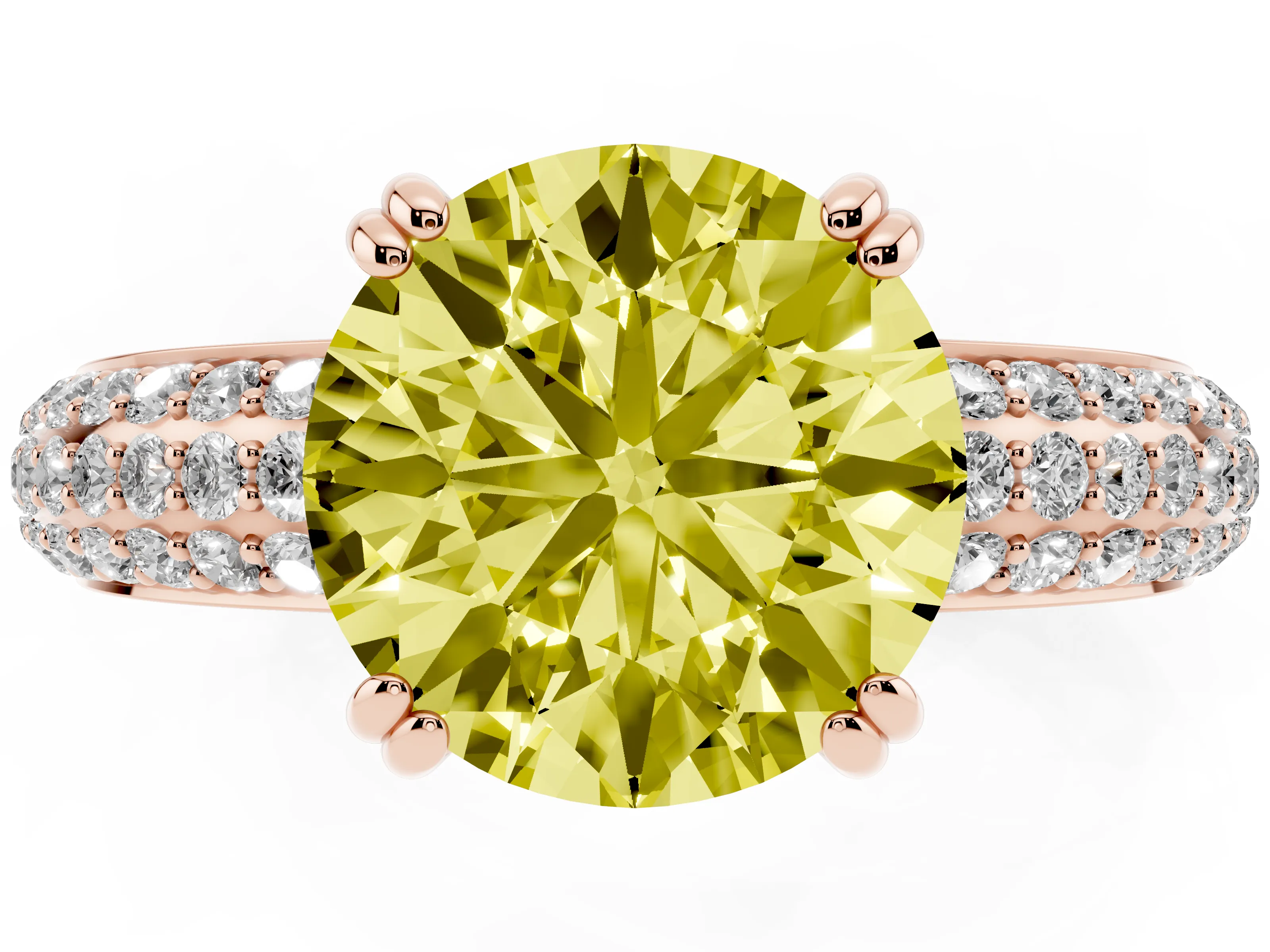 Fancy Yellow Round Cut Diamond Solitaire Ring Set in Rose gold with Multi-Row Round Pavé Band and Prong Setting