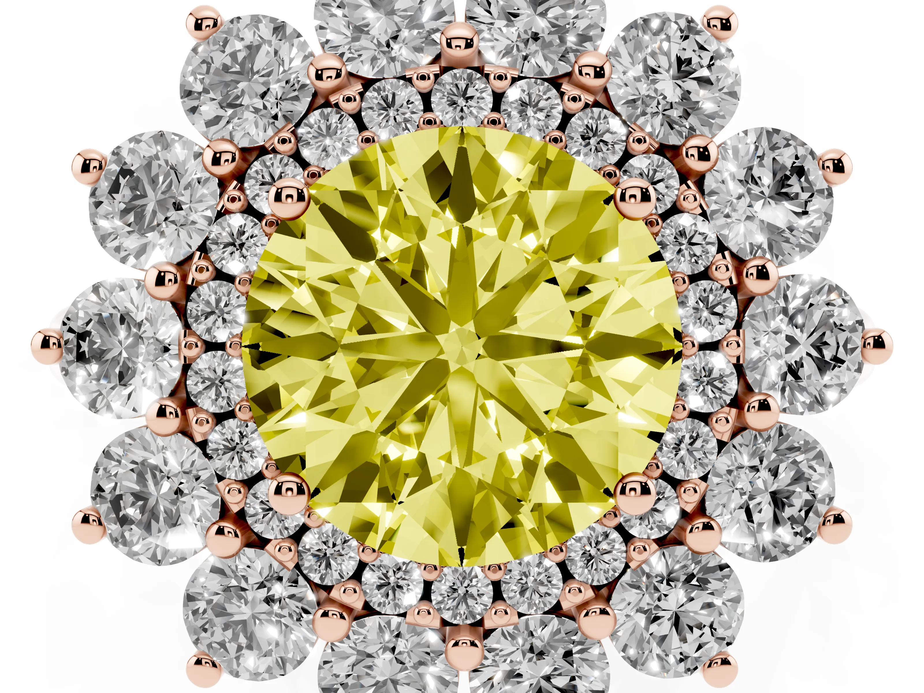 Fancy Yellow Round Cut Diamond Floral Double Halo Ring Set in Rose gold with Round Petals