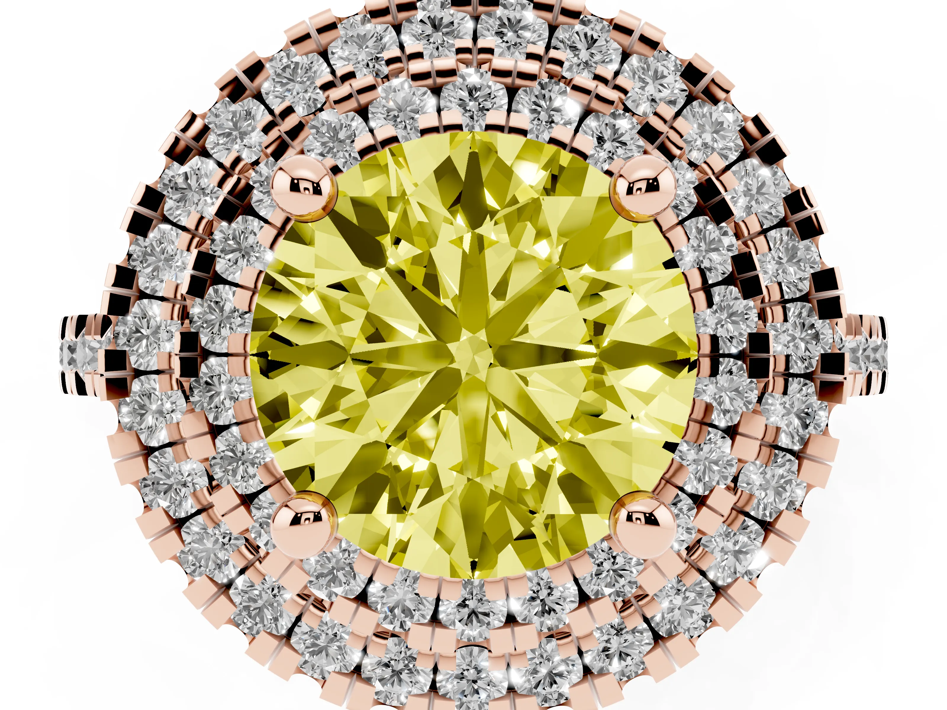 Fancy Yellow Round Cut Diamond Double Halo Statement Ring Set in Rose gold with Pavé Band