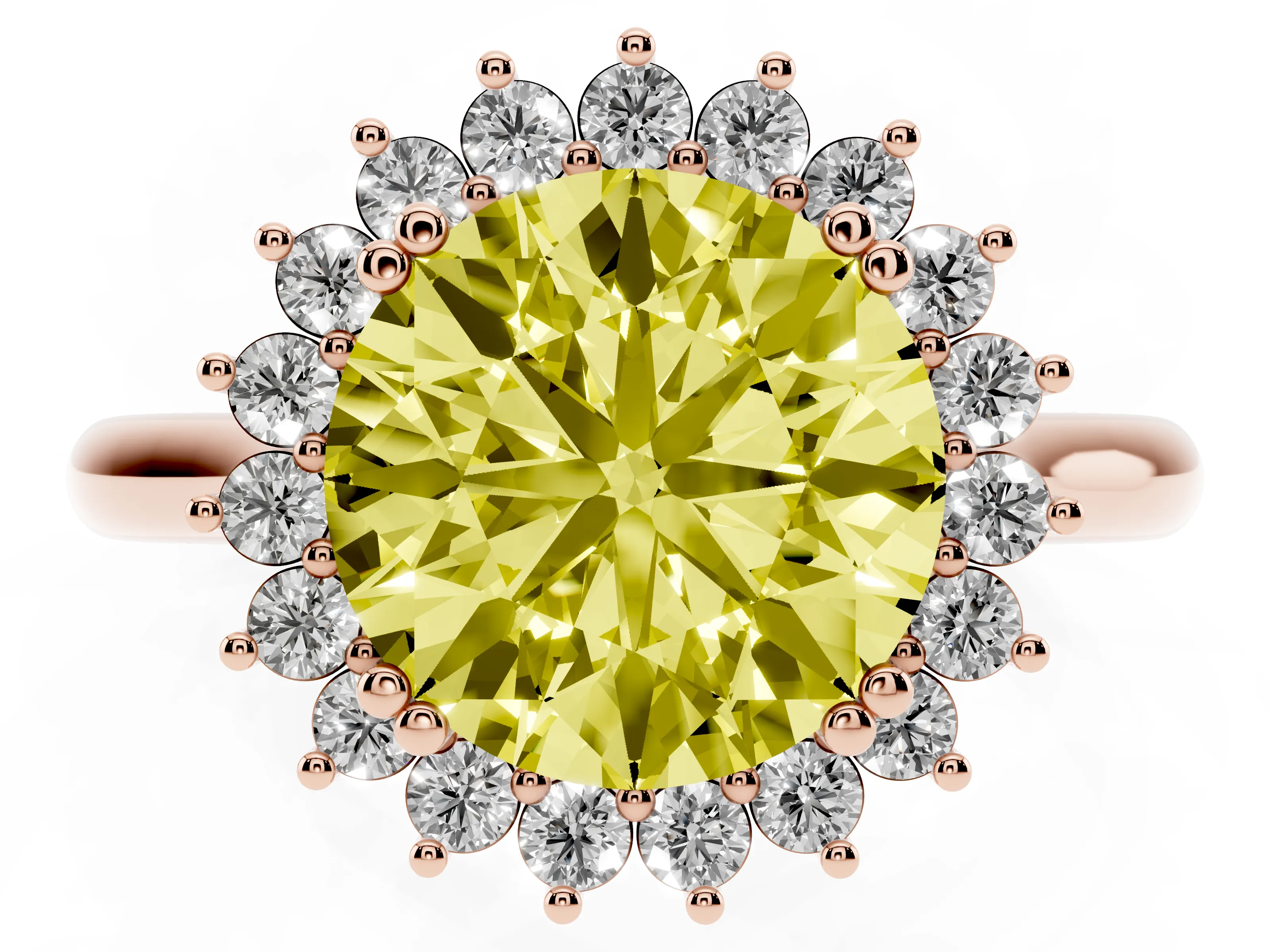 Fancy Yellow Round Cut Diamond Halo Ring Set in Rose gold with Plain Solitaire Band and Prong Setting