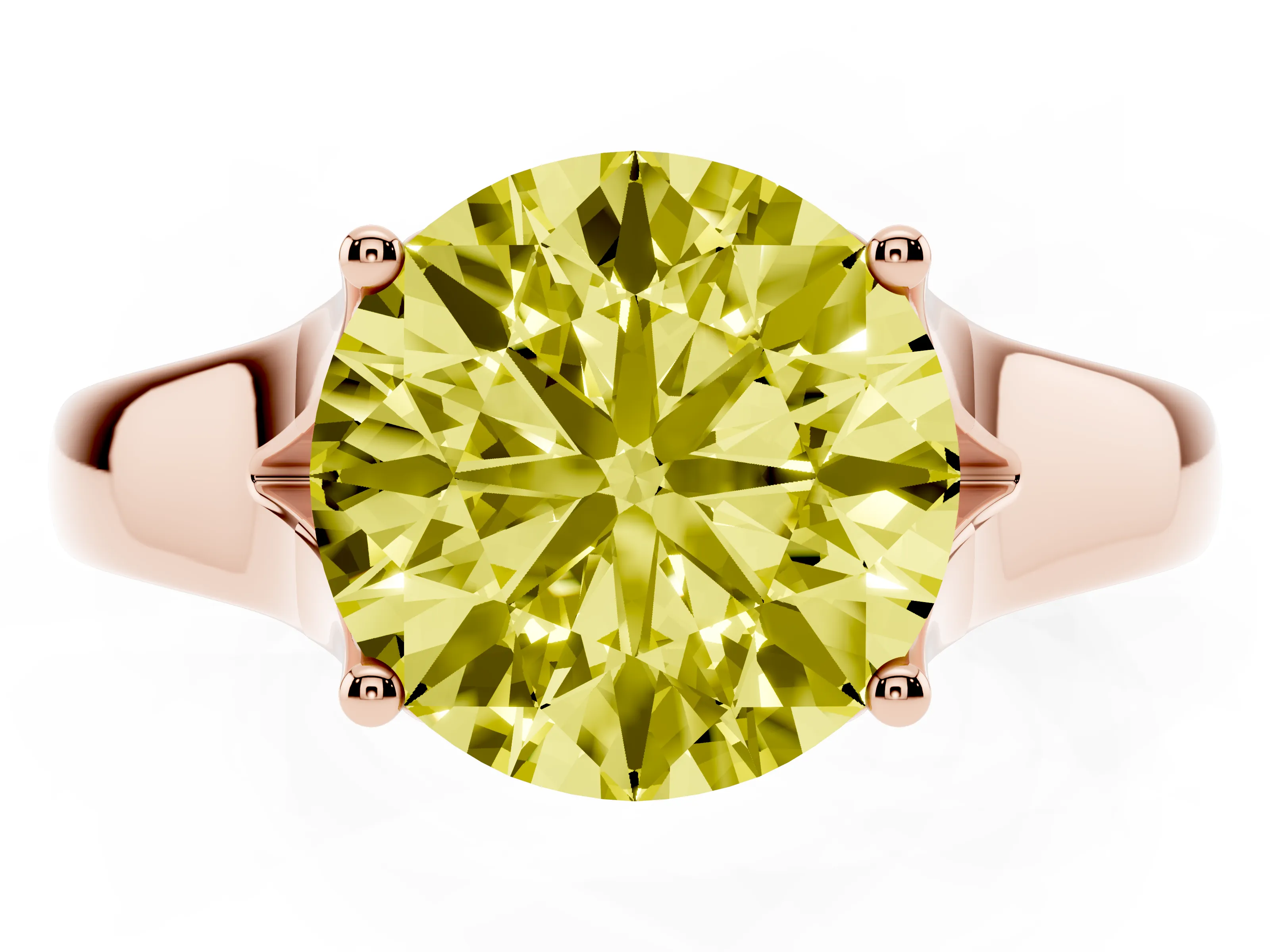 Fancy Yellow Round Cut Diamond Solitaire Ring Set in Rose gold with Arched Cathedral Band and Prong Setting