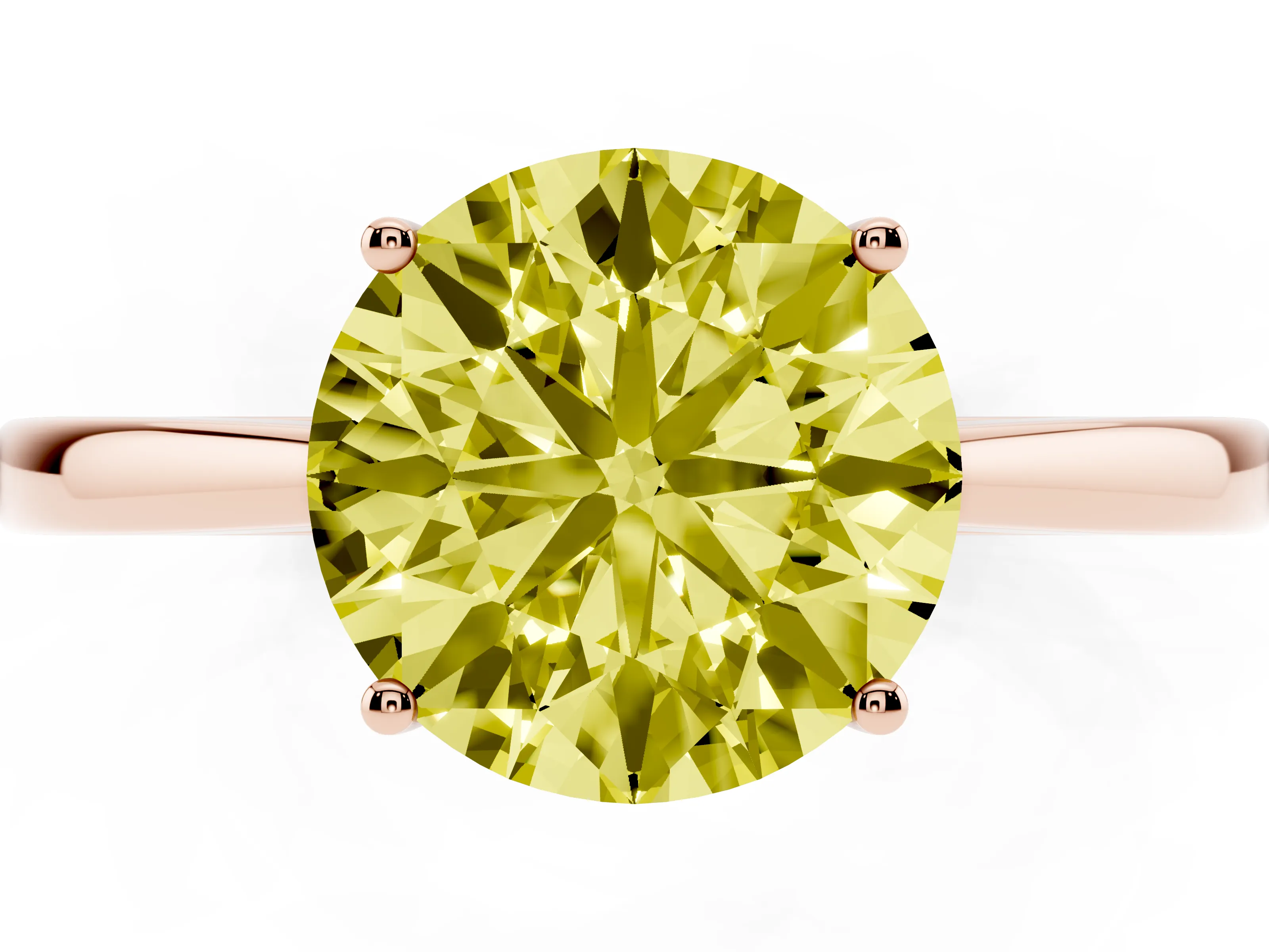 Fancy Yellow Round Cut Diamond Solitaire Ring Set in Rose gold with Split Shank and Prong Setting