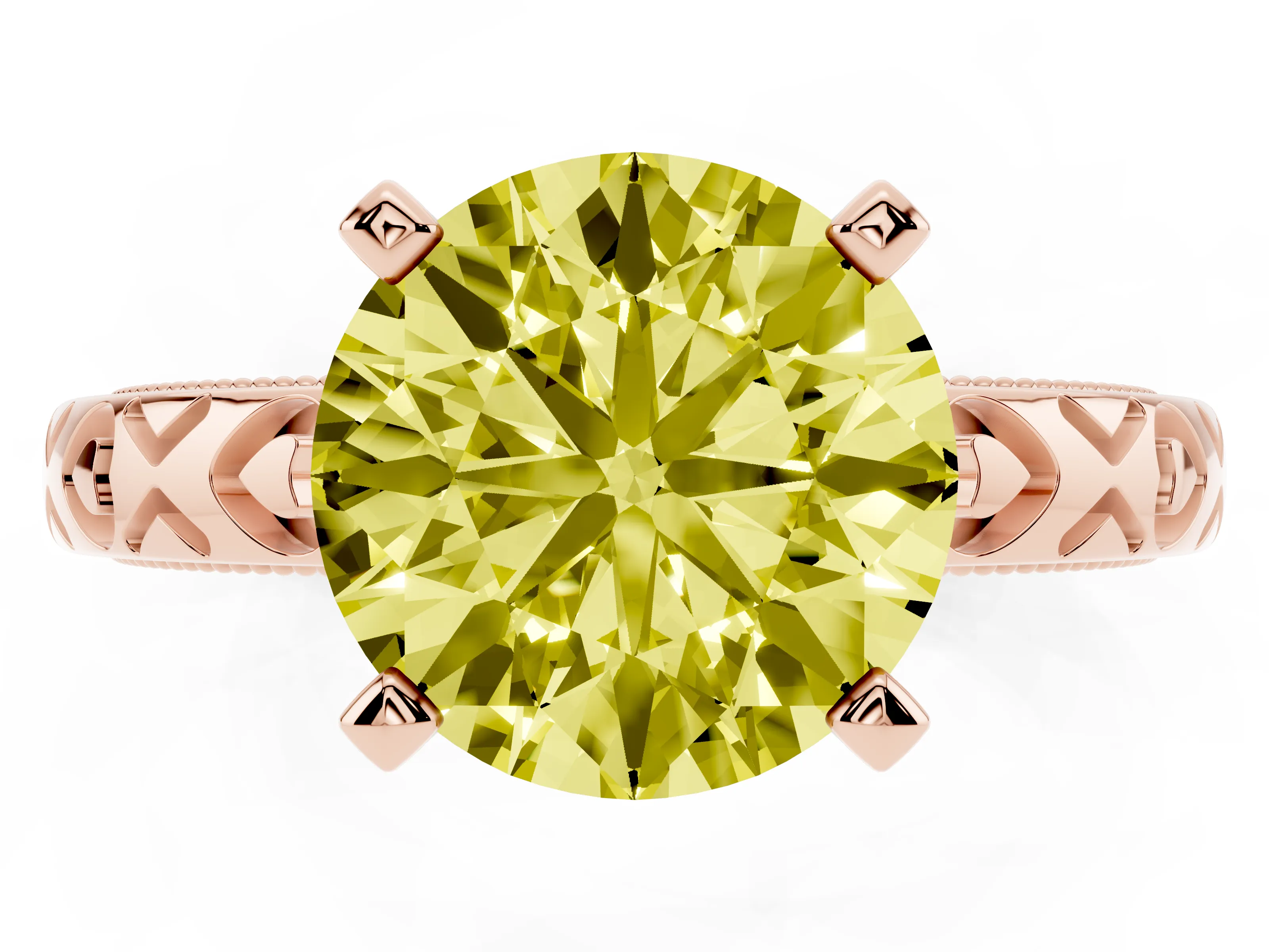 Fancy Yellow Round Cut Diamond Solitaire Engagement Ring Set in Rose gold with XO Engraved Band and Prong Setting
