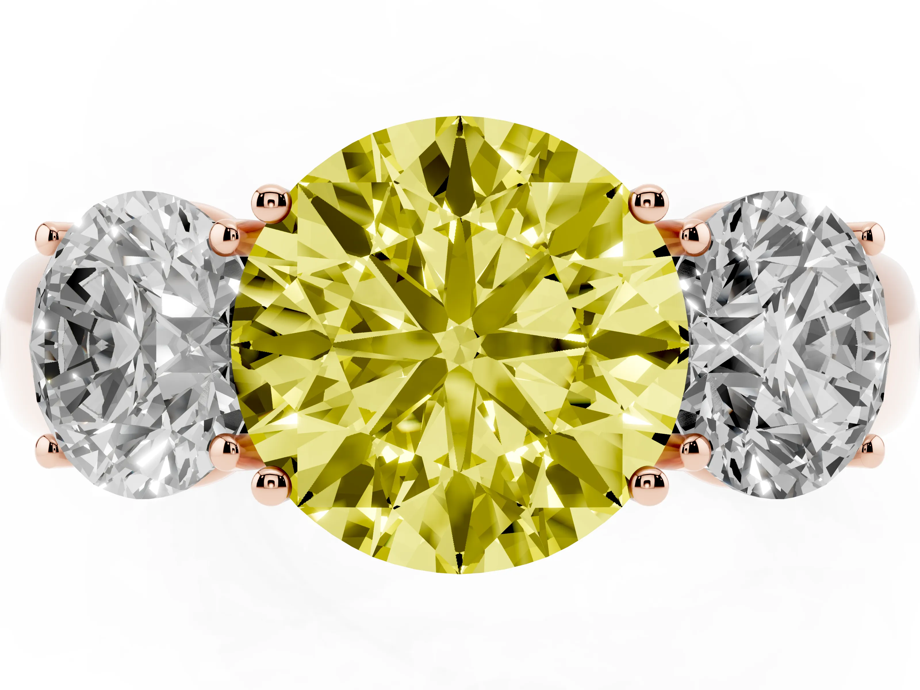 Fancy Yellow Three-Stone Round Cut Diamond Ring Set in Rose gold with Matching Prong Settings and Plain Band