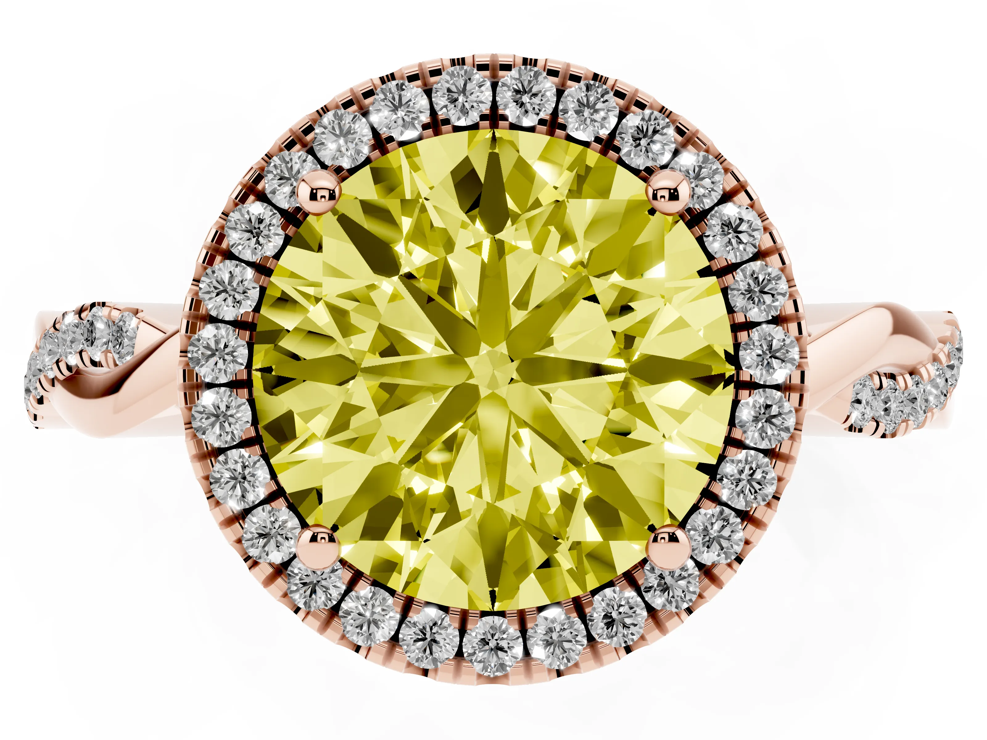 Fancy Yellow Round Cut Diamond Halo Twisted Band Ring Set in Rose gold with Prong Setting