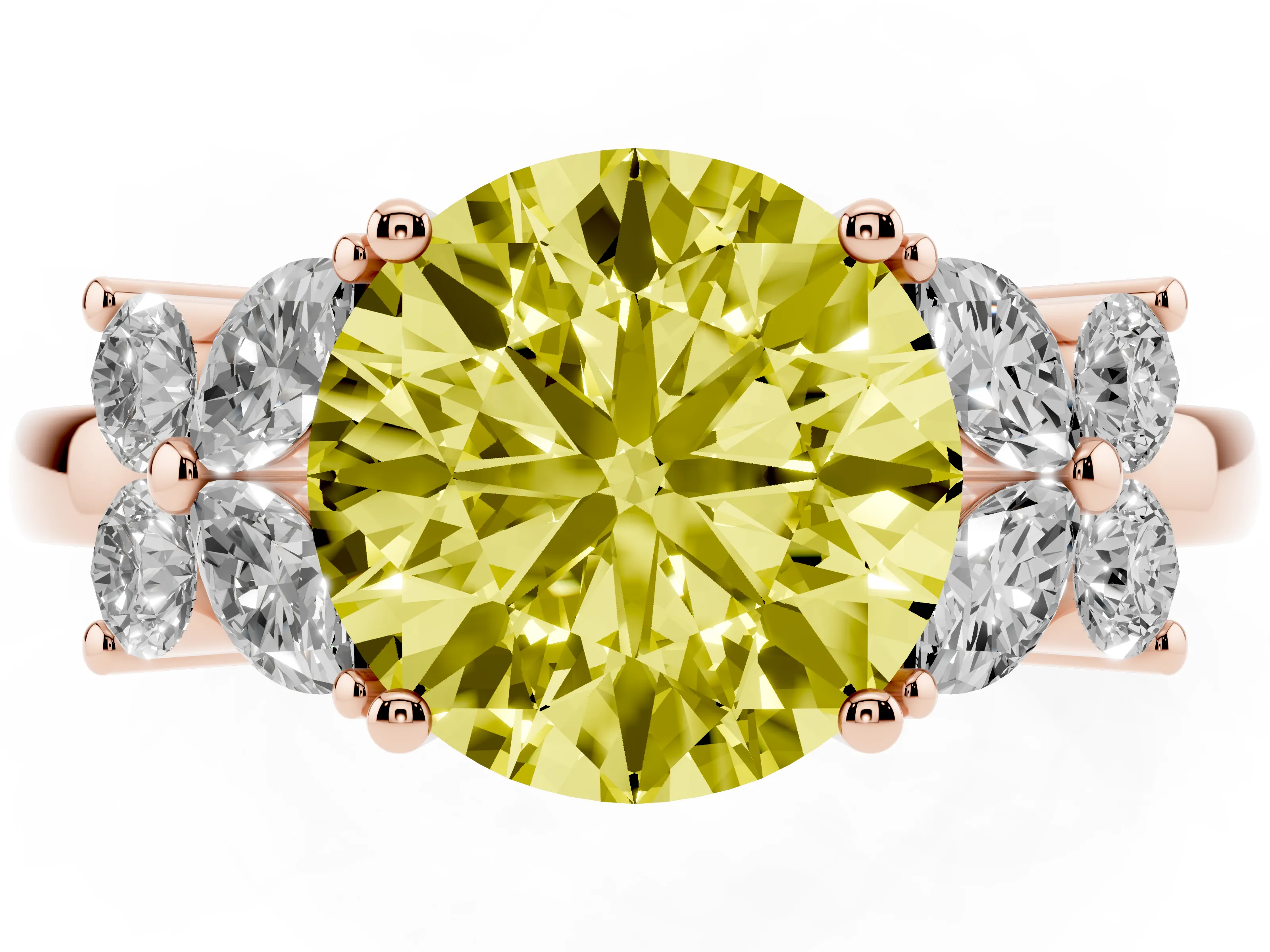 Fancy Yellow Round Cut Diamond Floral Cluster Ring Set in Rose gold with Marquise Petals and Prong Setting