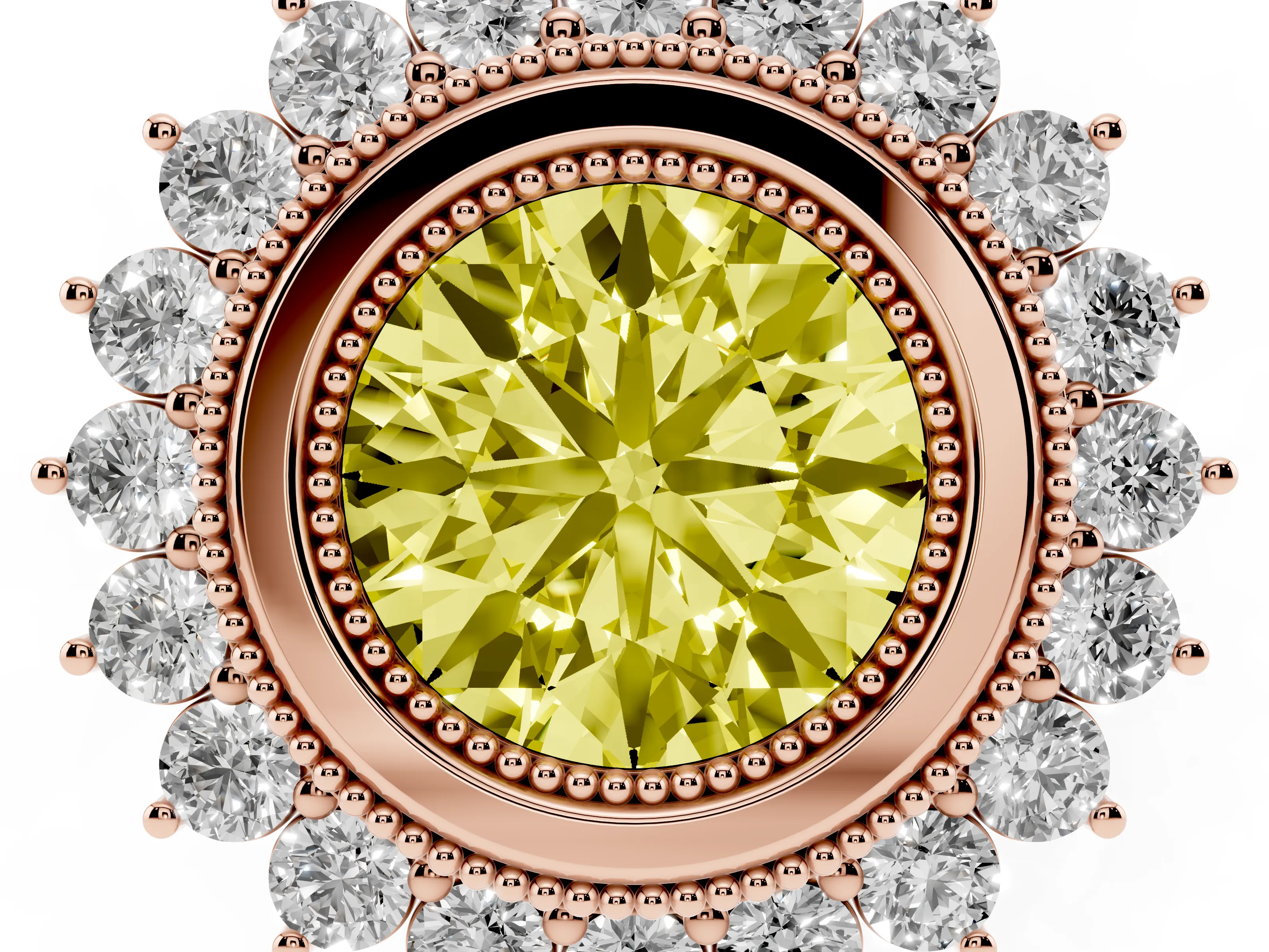 Fancy Yellow Round Cut Diamond Halo Ring Set in Rose gold with Milgrain Edge and Round Prong Setting
