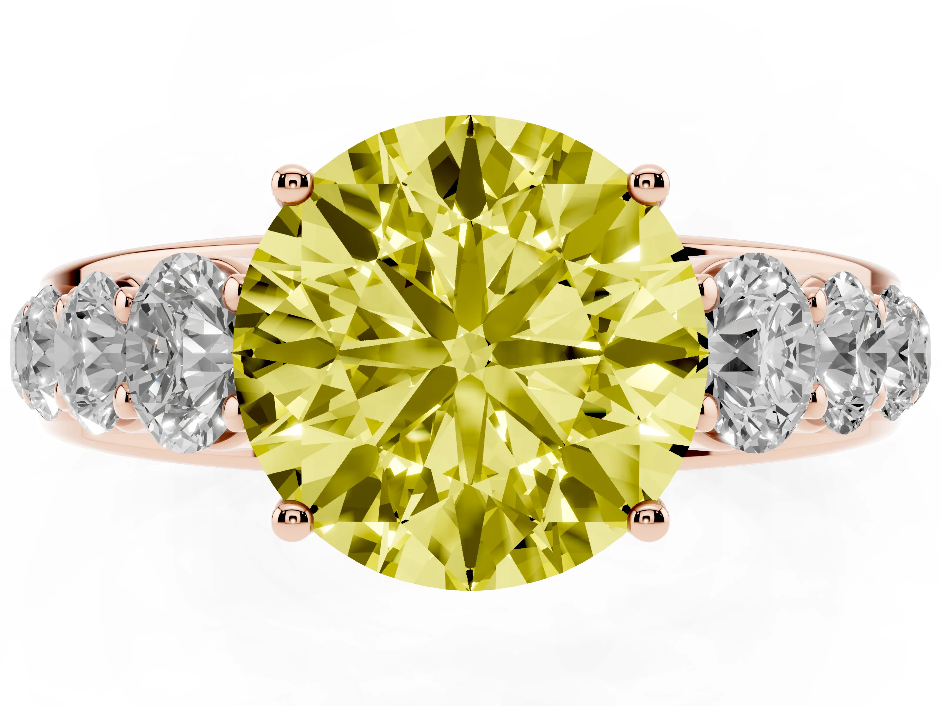 Fancy Yellow Round Cut Diamond Solitaire Ring Set in Rose gold with Pavé-Set Band and Prong Setting