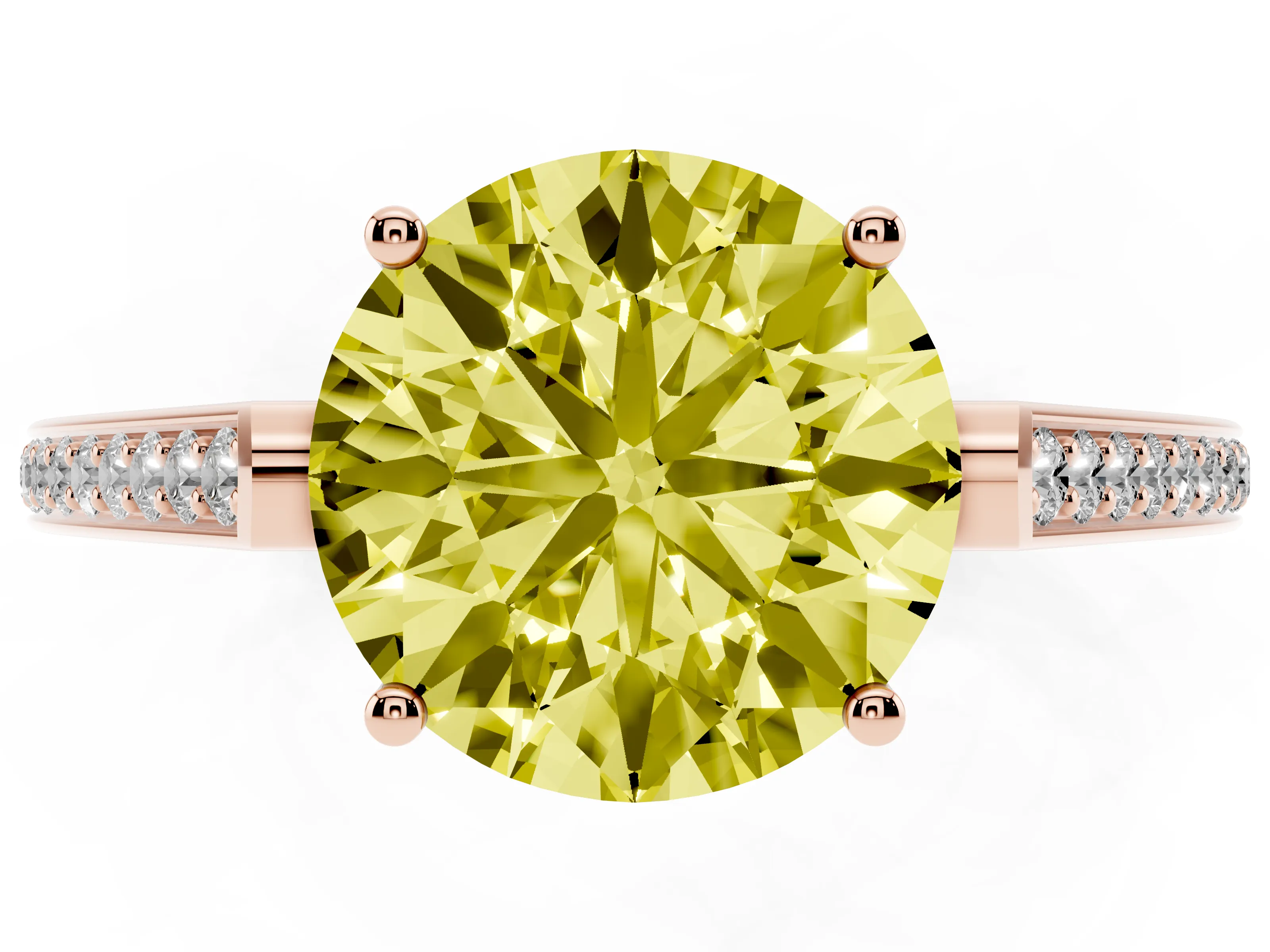 Fancy Yellow Round Cut Diamond Cathedral Pavé Engagement Ring Set in Rose gold with Prong Setting