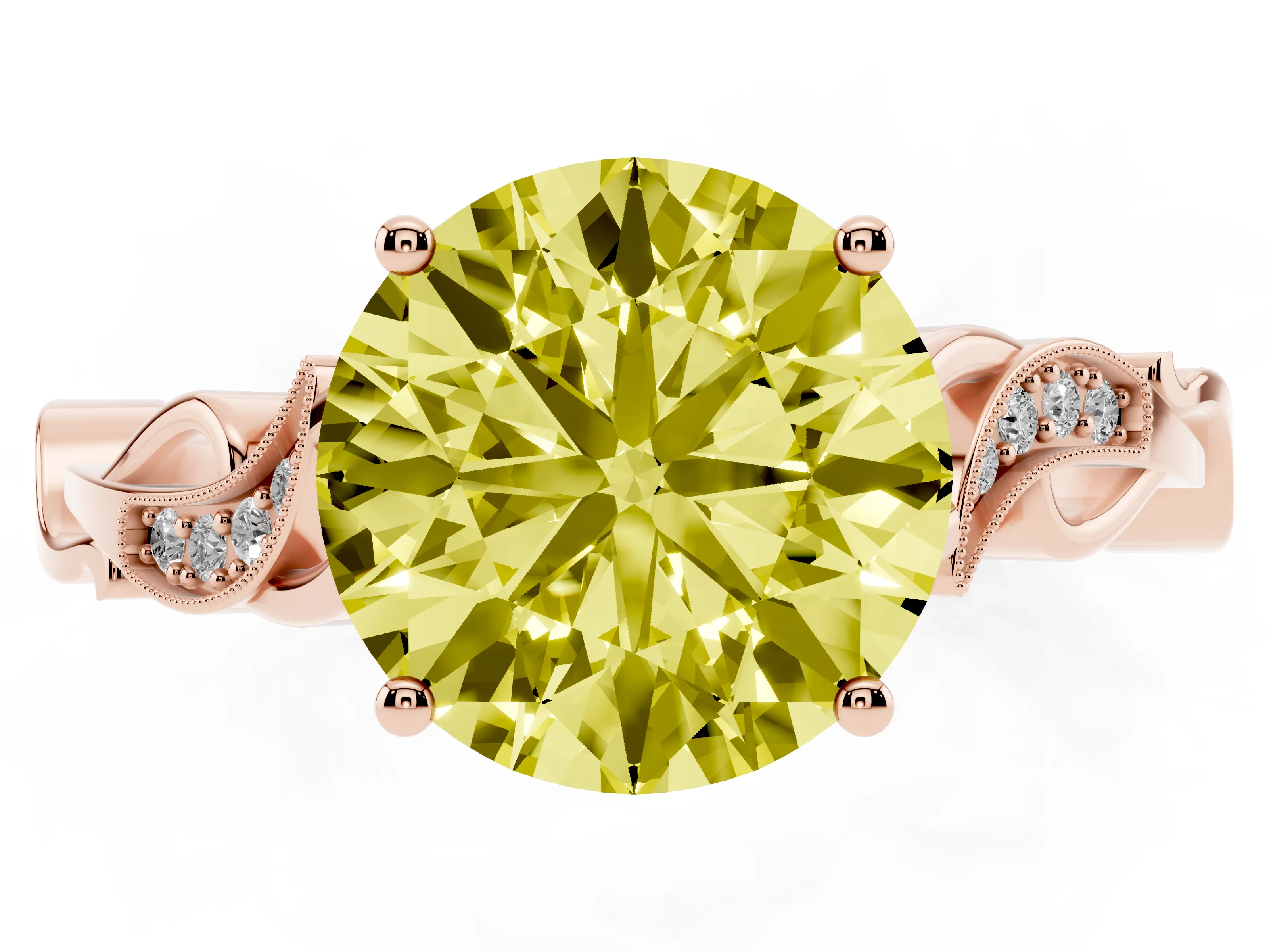 Fancy Yellow Round Cut Diamond Vine Band Solitaire Ring Set in Rose gold with Milgrain Prong Setting