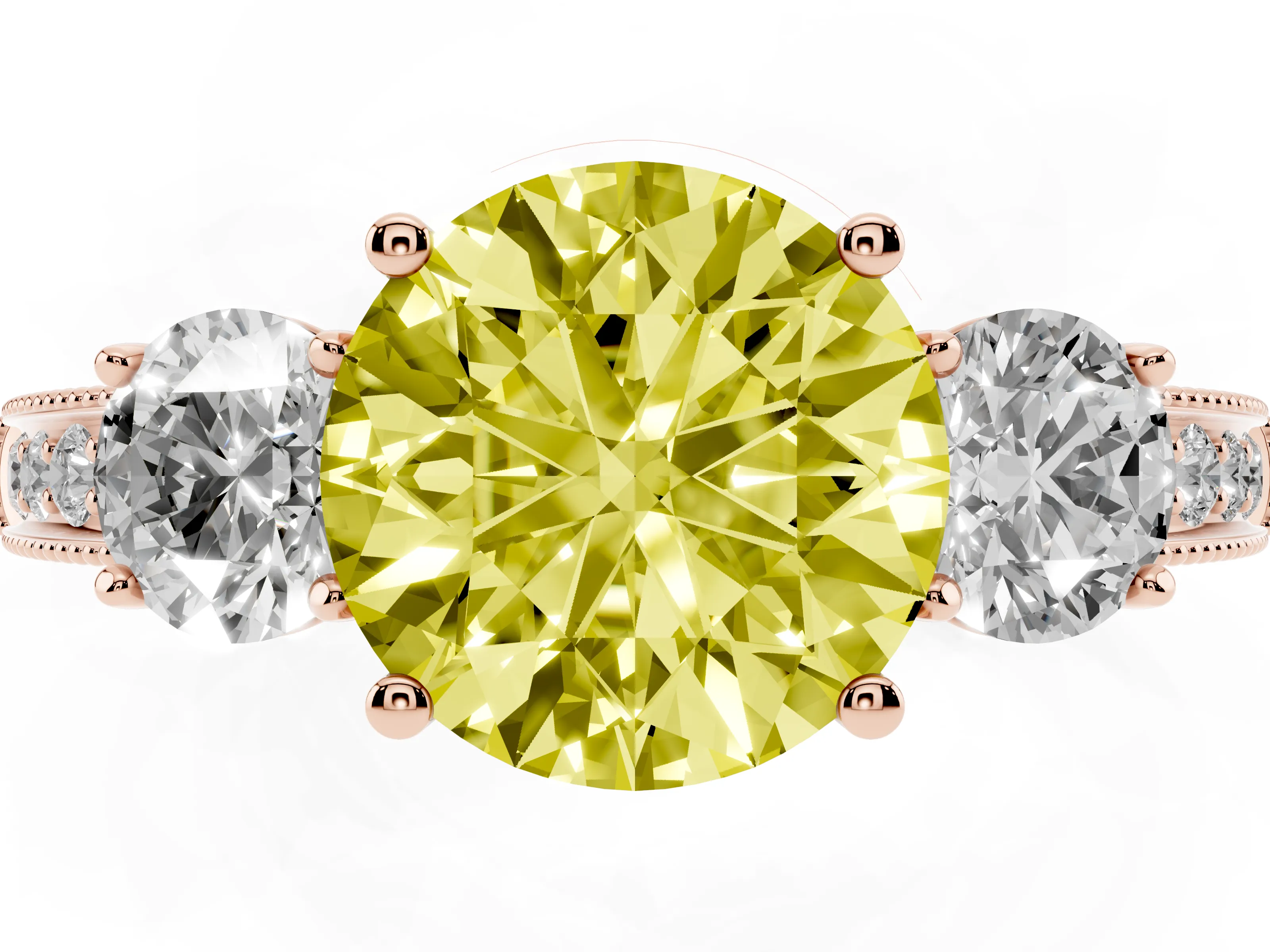 Fancy Yellow Round Cut Diamond Three-Stone Ring Set in Rose gold with Round Side Stones and Pavé Band