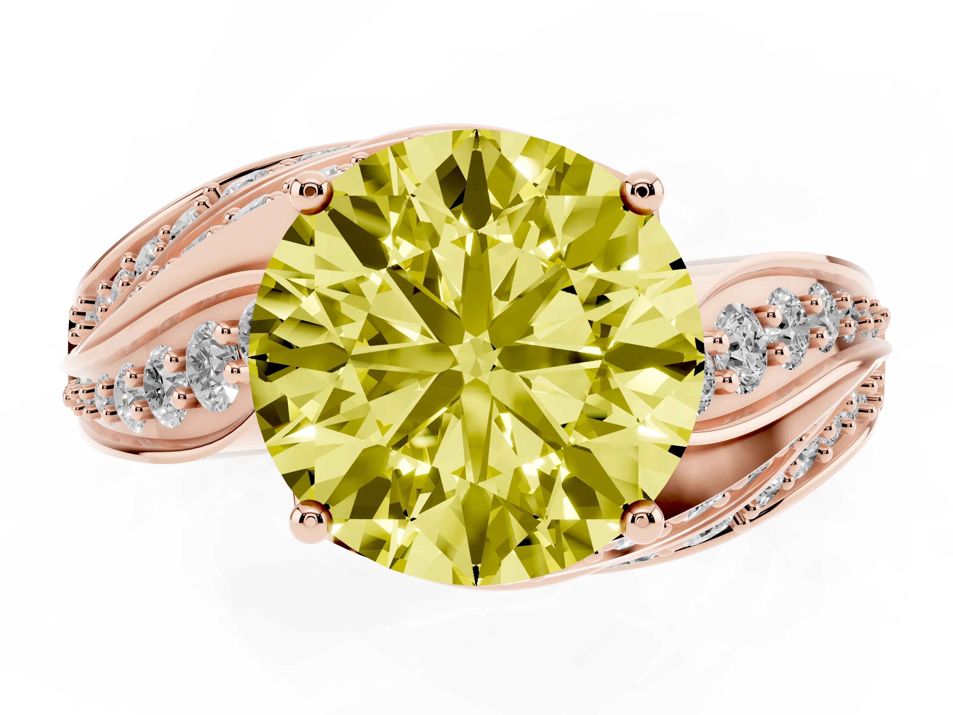 Fancy Yellow Round Cut Diamond Solitaire Ring Set in Rose gold with Layered Twist Pavé Band