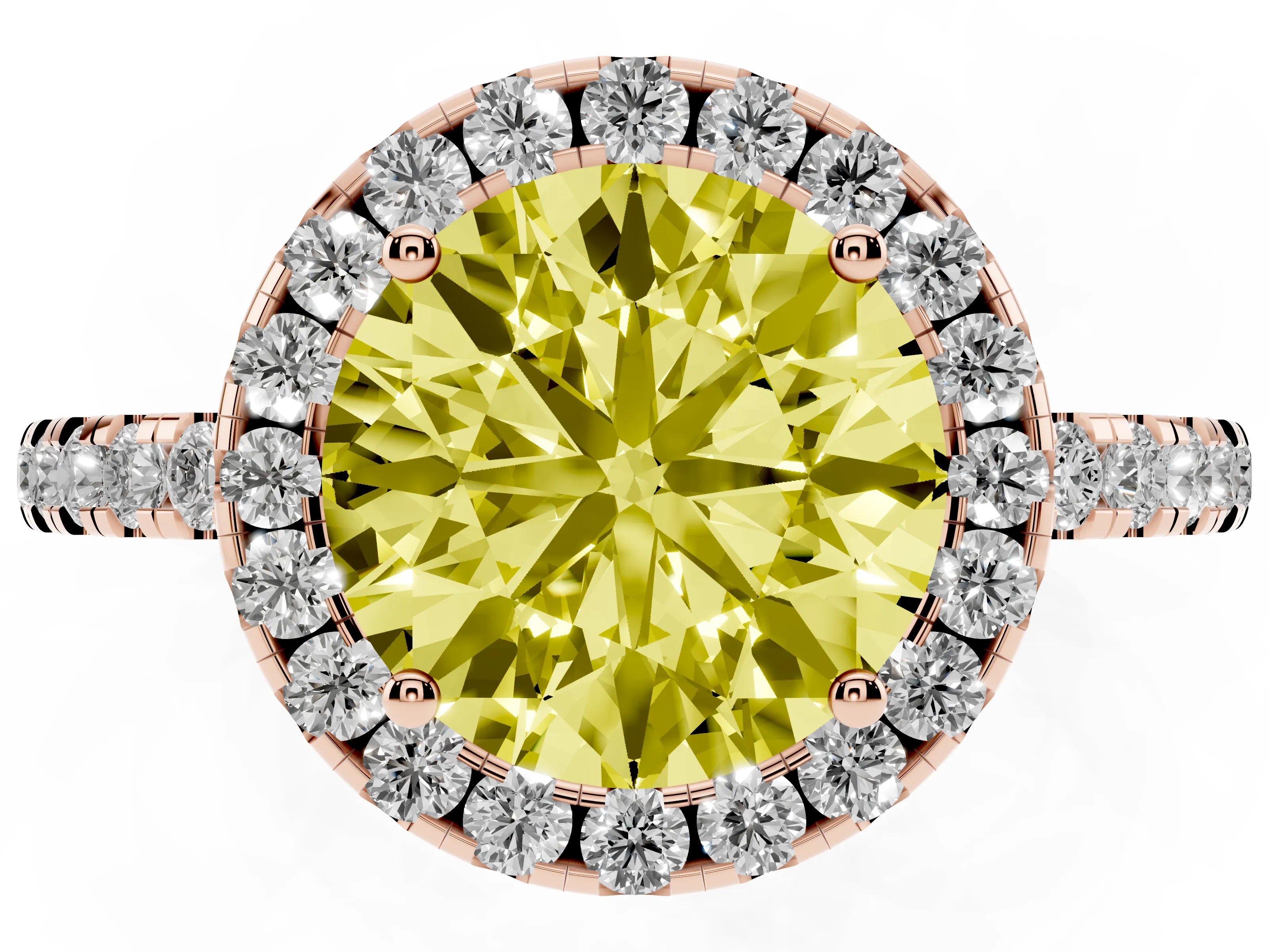 Fancy Yellow Round Cut Diamond Pavé Band Halo Engagement Ring Set in Rose gold with Prong Setting