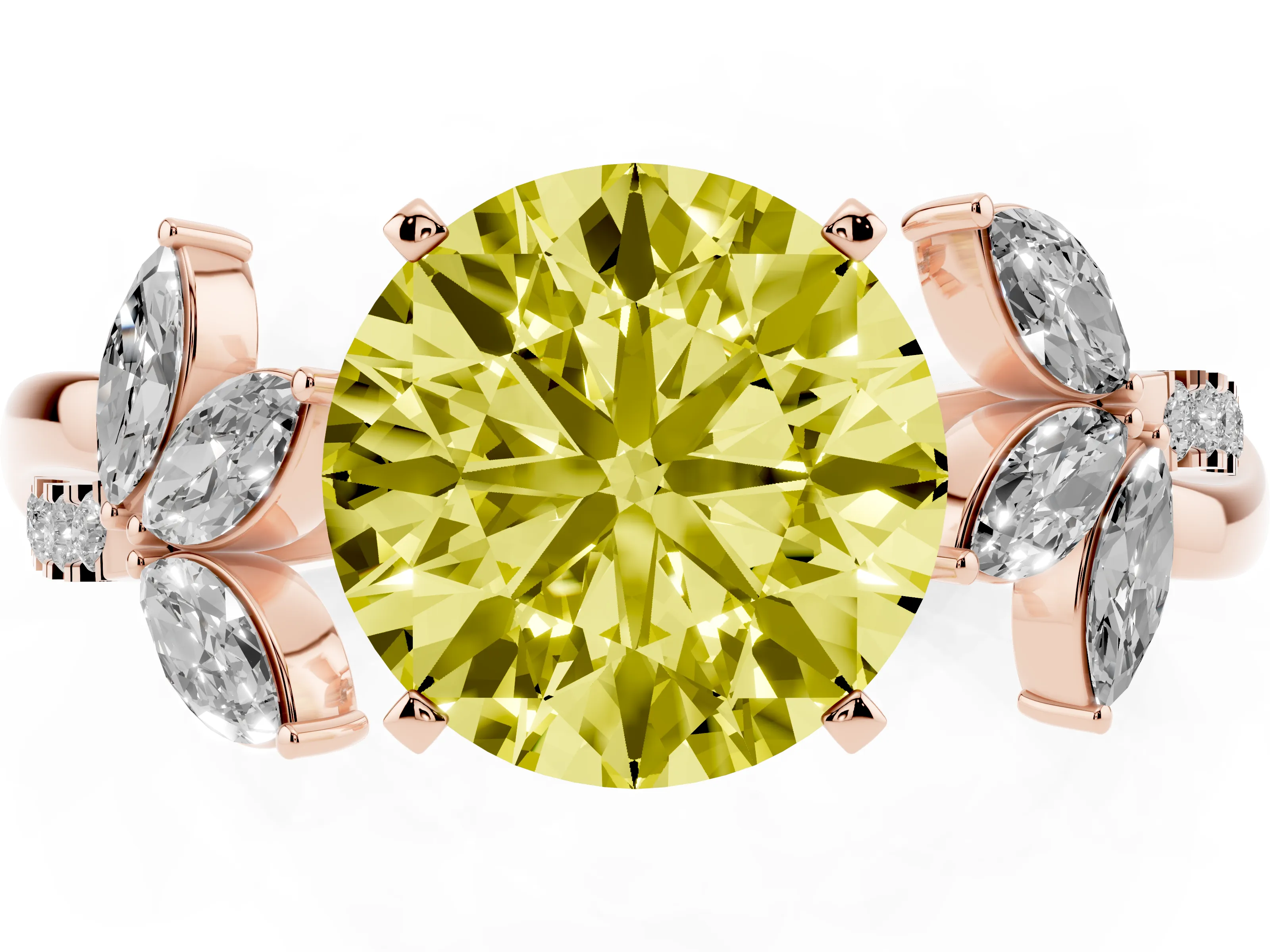 Fancy Yellow Round Cut Diamond Floral Vine Solitaire Engagement Ring Set in Rose gold with Marquise Leaves