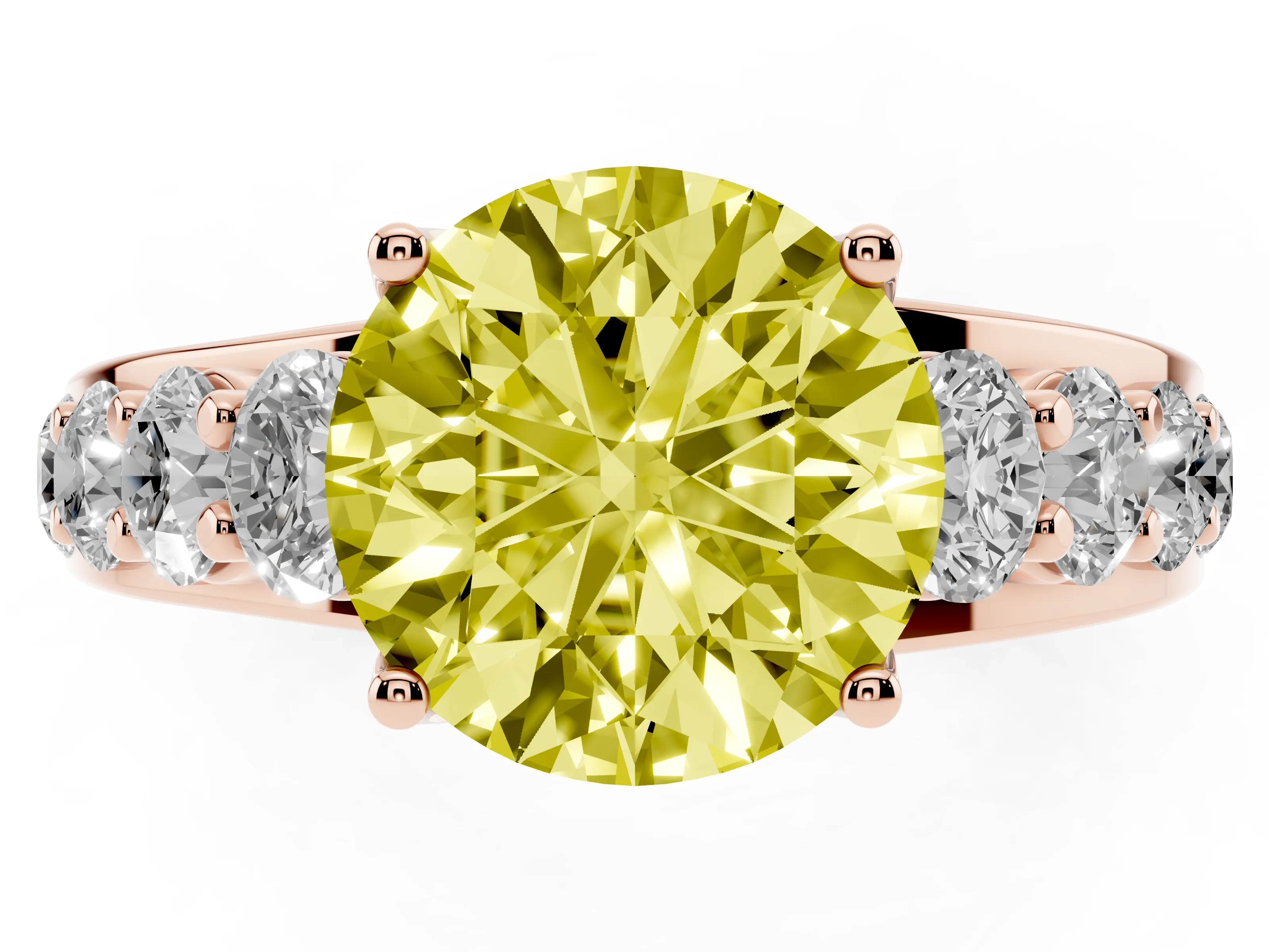 Fancy Yellow Round Cut Diamond Pavé Engagement Ring Set in Rose gold with Prong Setting