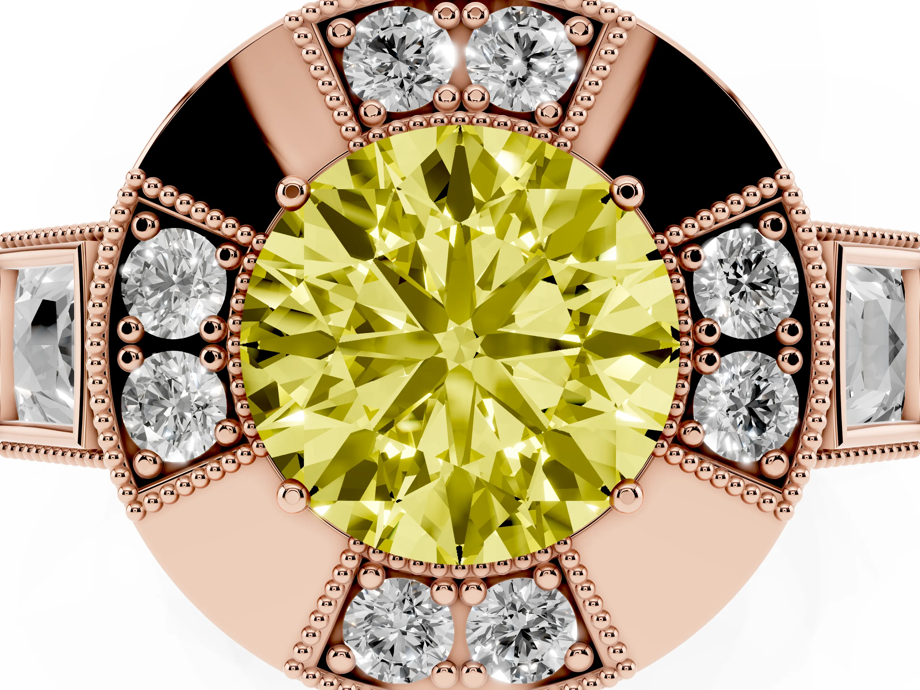 Fancy Yellow Round Cut Diamond Milgrain Halo Ring Set in Rose gold with Split Shank