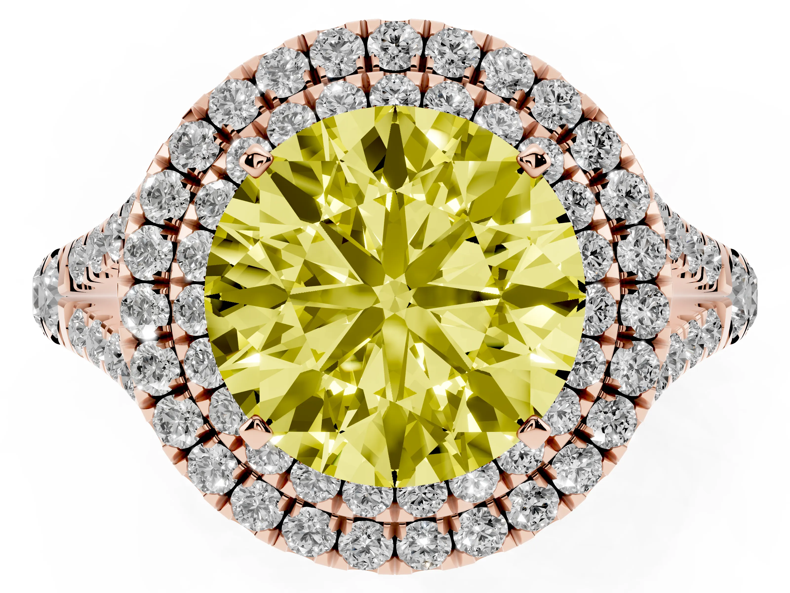 Fancy Yellow Round Cut Diamond Pavé Split Shank Double Halo Engagement Ring Set in Rose gold