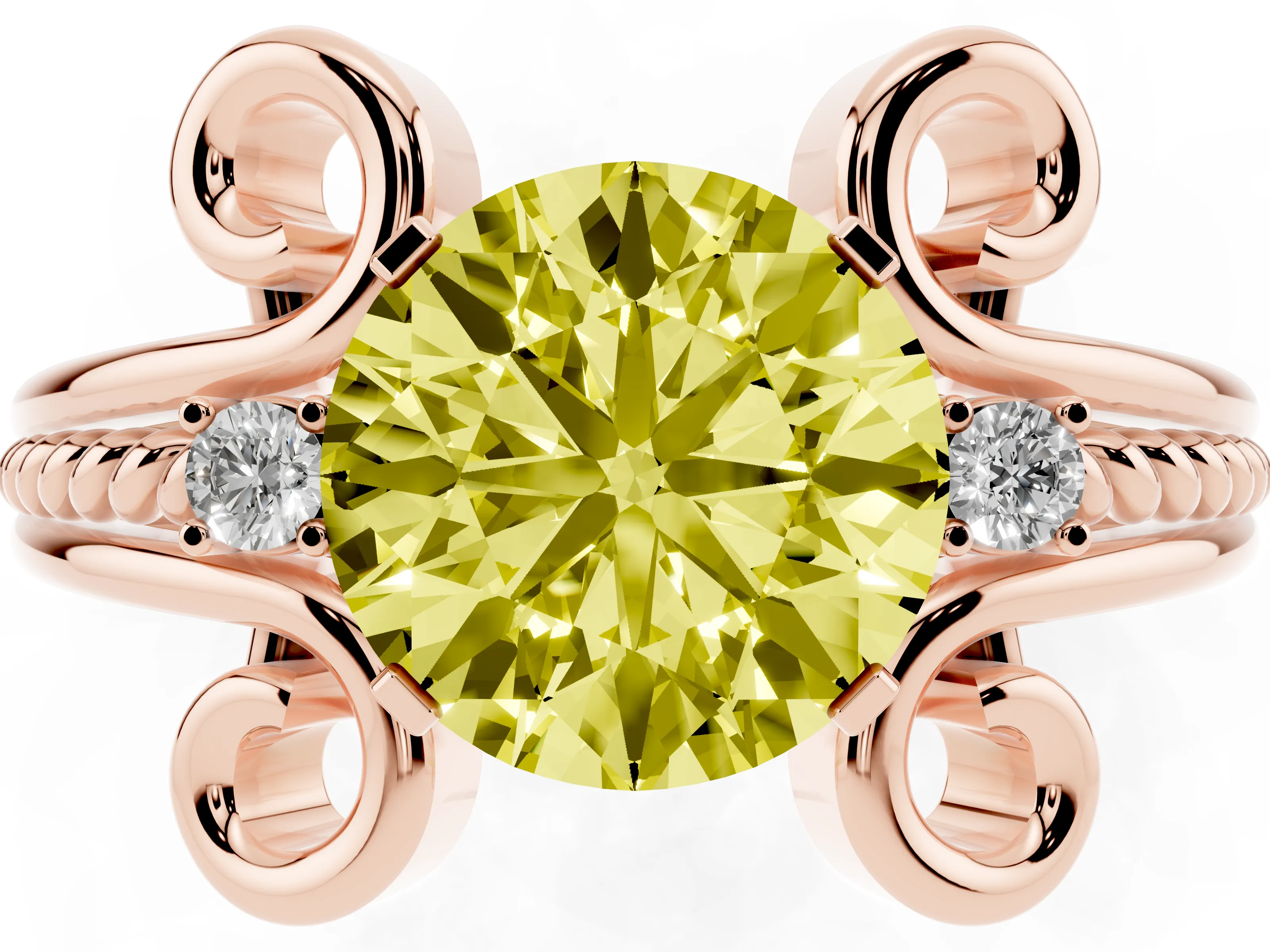 Fancy Yellow Round Cut Diamond Twisted Band Solitaire Ring Set in Rose gold with Scroll Prongs