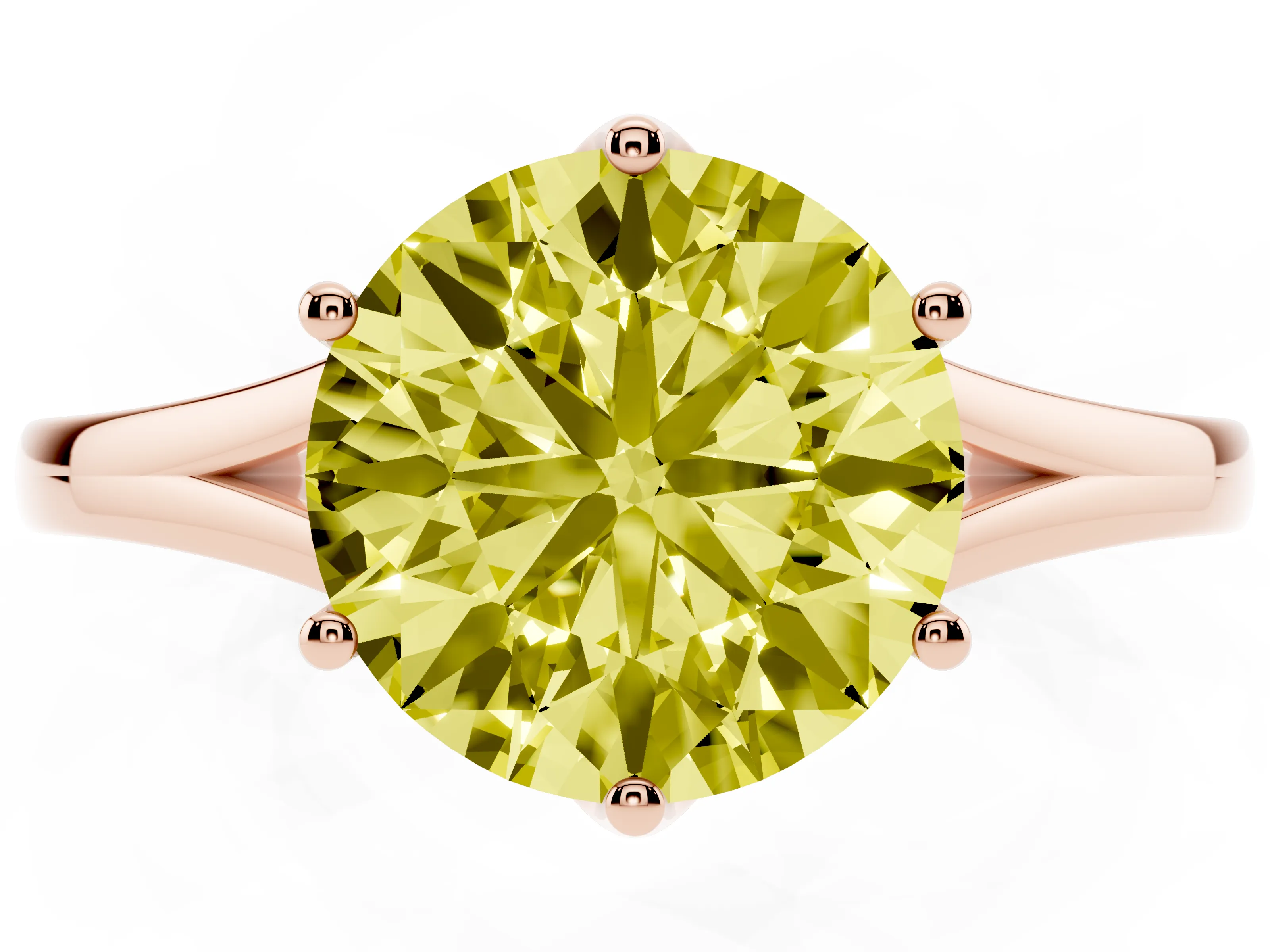 Fancy Yellow Round Cut Diamond Solitaire Ring Set in Rose gold with Polished Tapered Band and Prong Setting