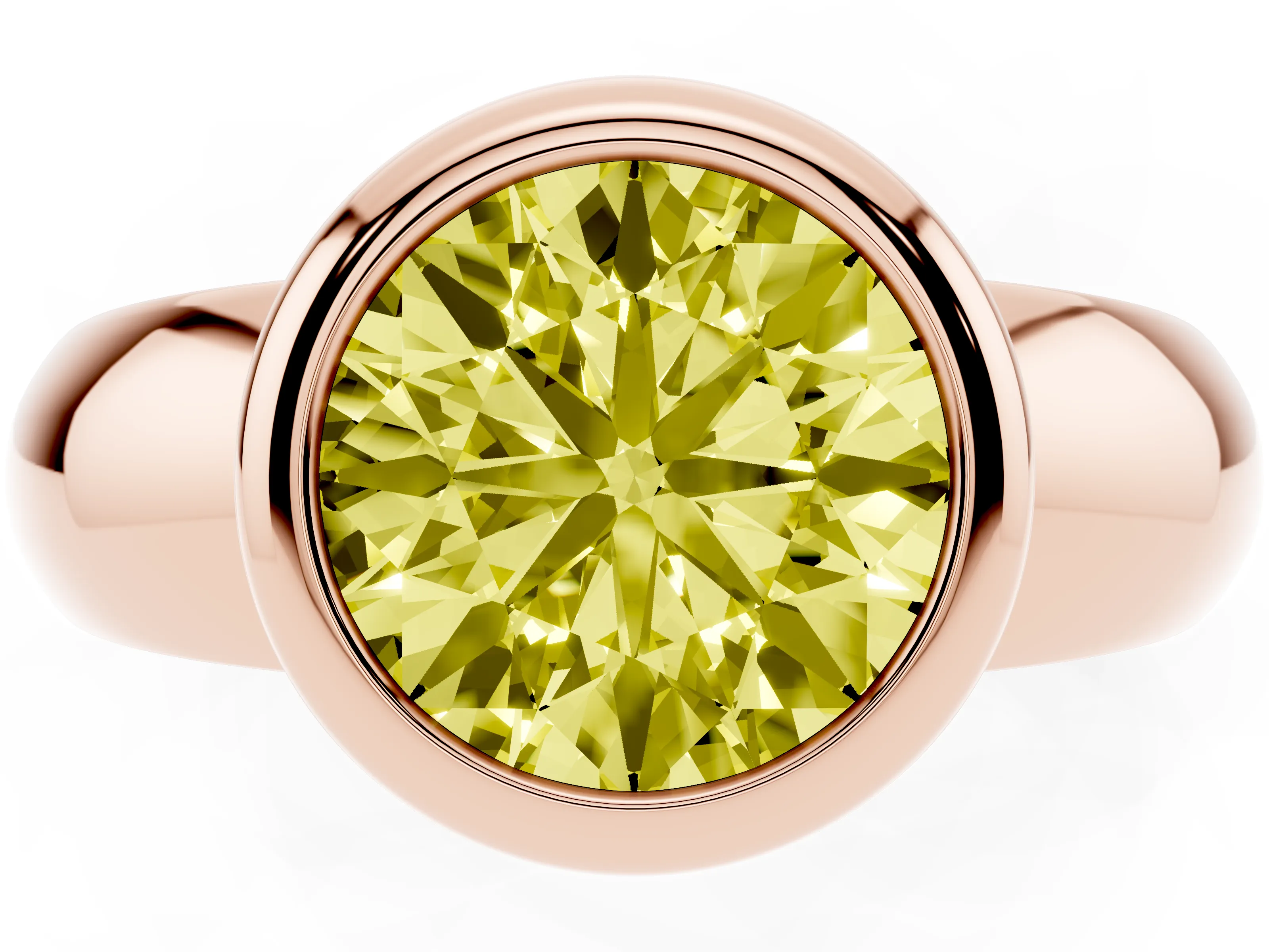 Fancy Yellow Bezel Set Round Cut Diamond Solitaire Ring Set in Rose gold with Wide Band