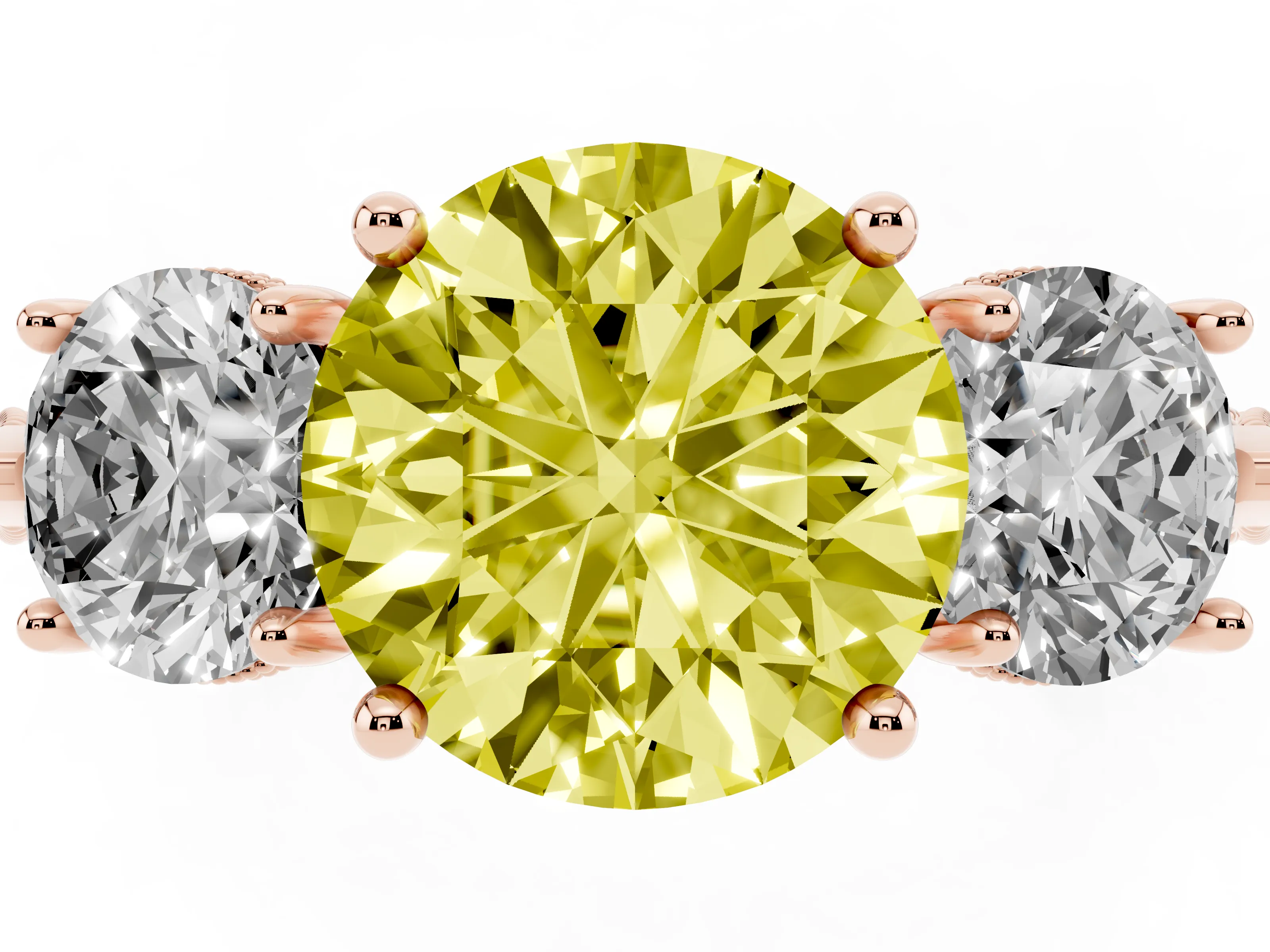 Fancy Yellow Round Cut Diamond Three-Stone Ring Set in Rose gold with Milgrain Band