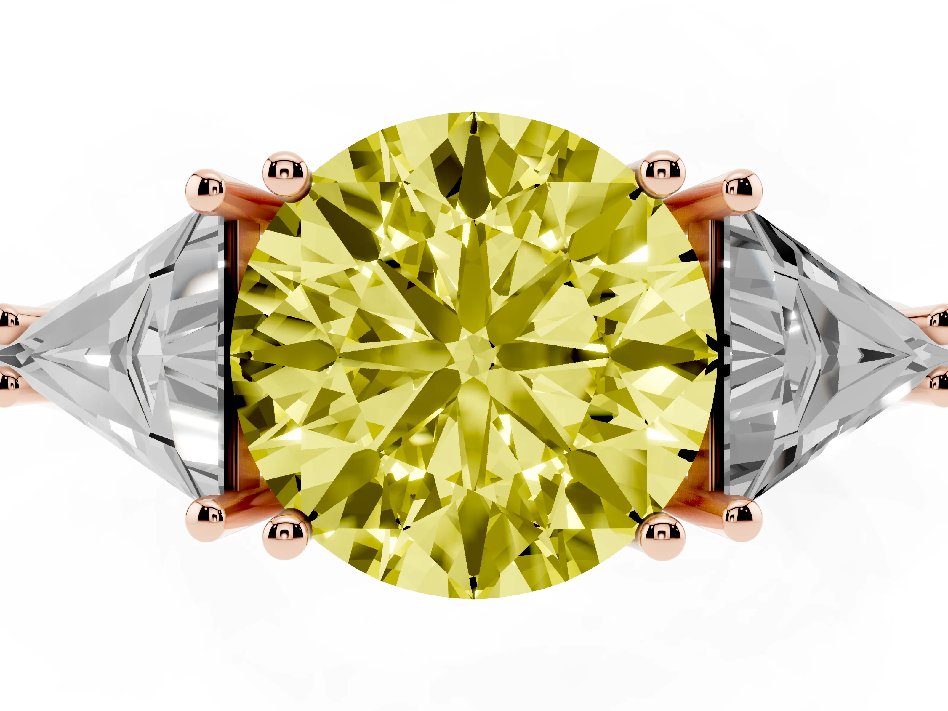 Fancy Yellow Round Cut Diamond Three-Stone Engagement Ring Set in Rose gold with Trillion Side Stones