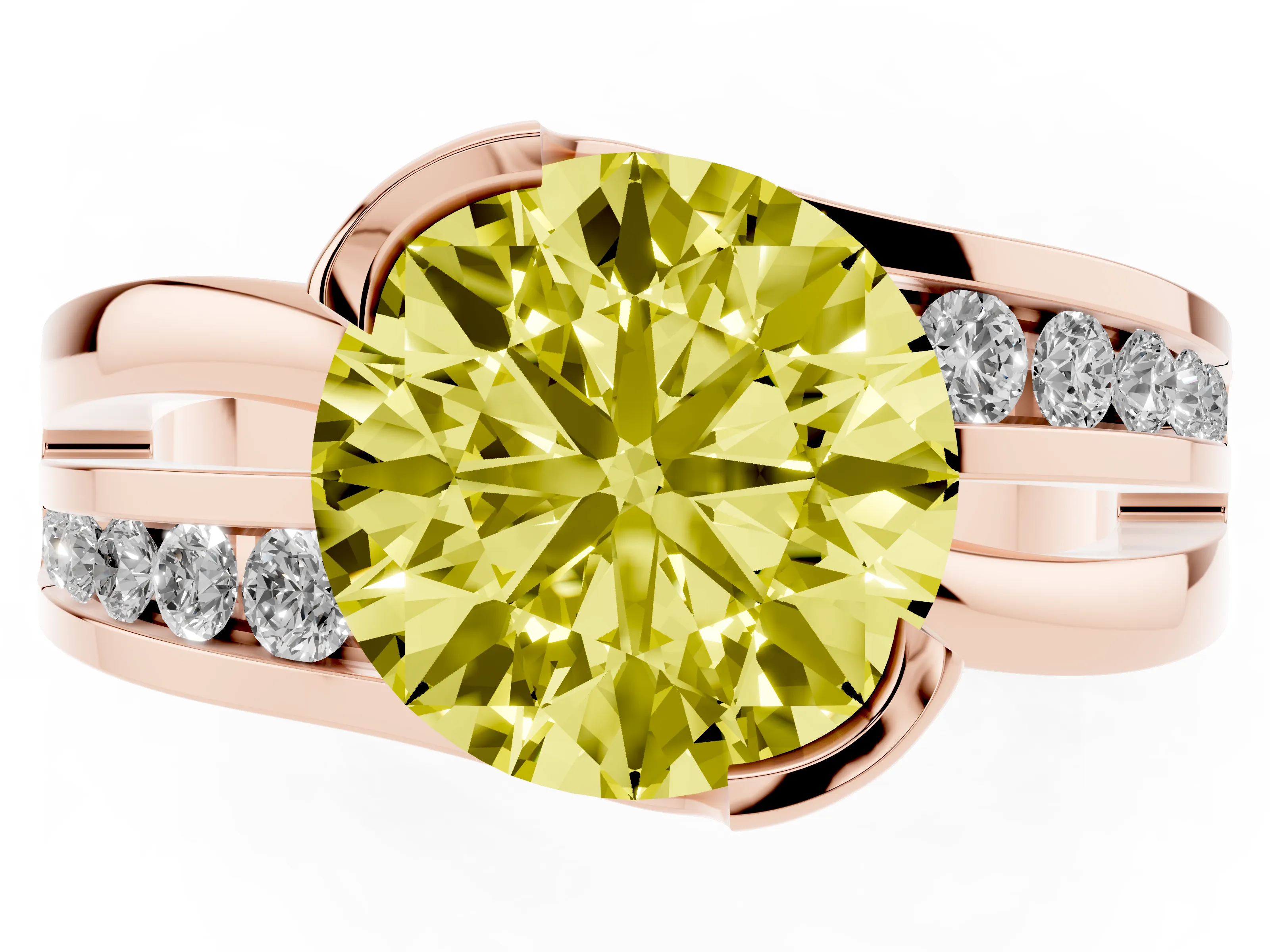 Fancy Yellow Round Cut Diamond Solitaire Ring Set in Rose gold with Channel Set Split Shank and Tension Prongs
