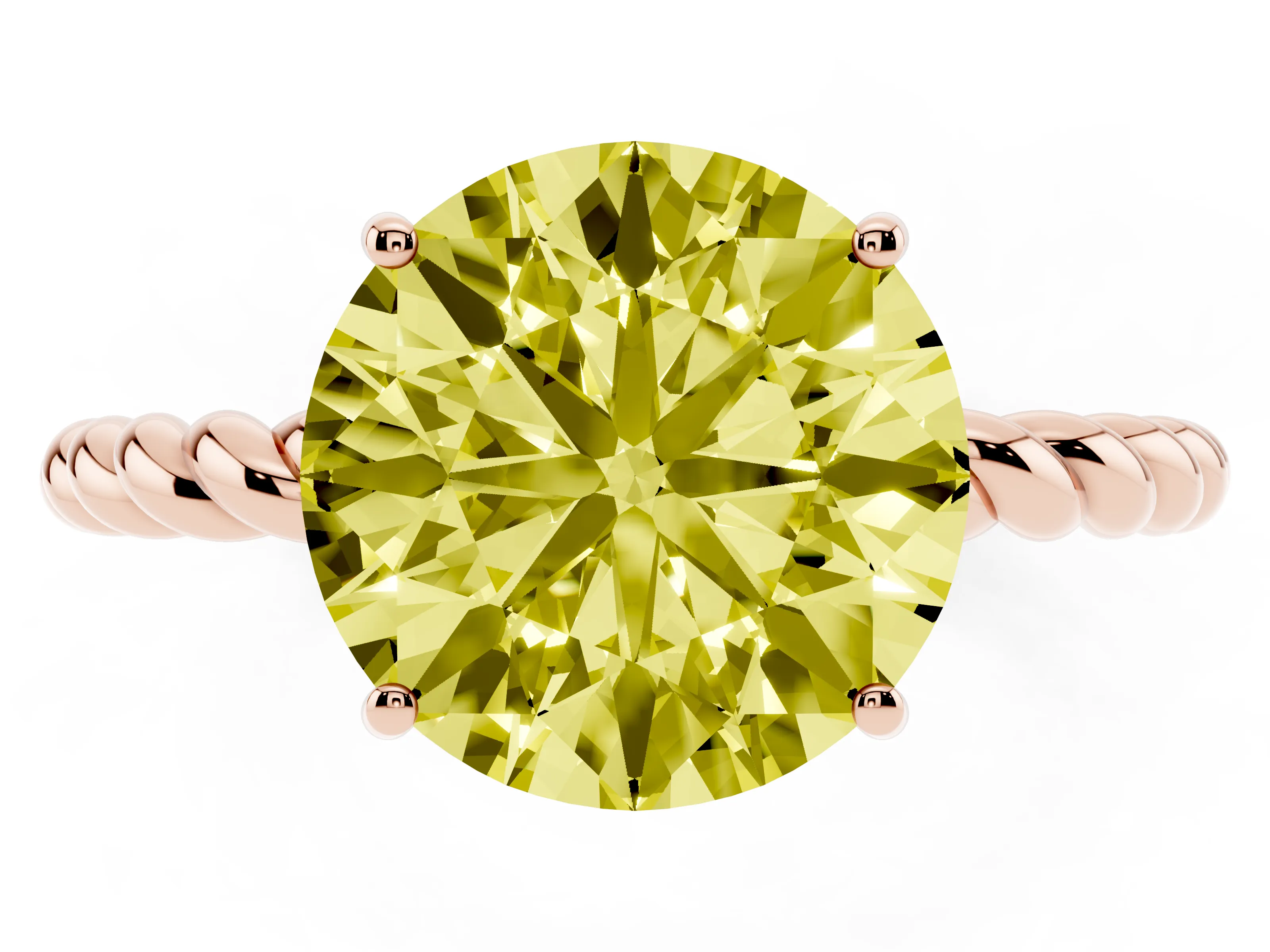 Fancy Yellow Round Cut Diamond Solitaire Ring Set in Rose gold with Twist Band and Prong Setting