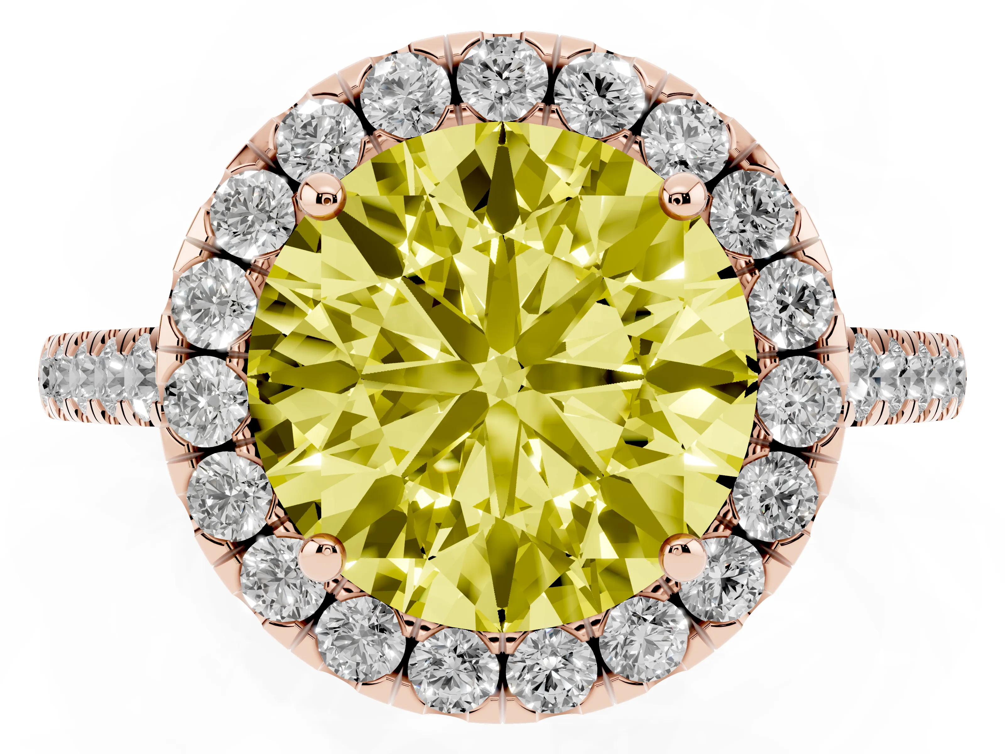 Fancy Yellow Round Cut Diamond Halo Pavé Engagement Ring Set in Rose gold with Prong Setting