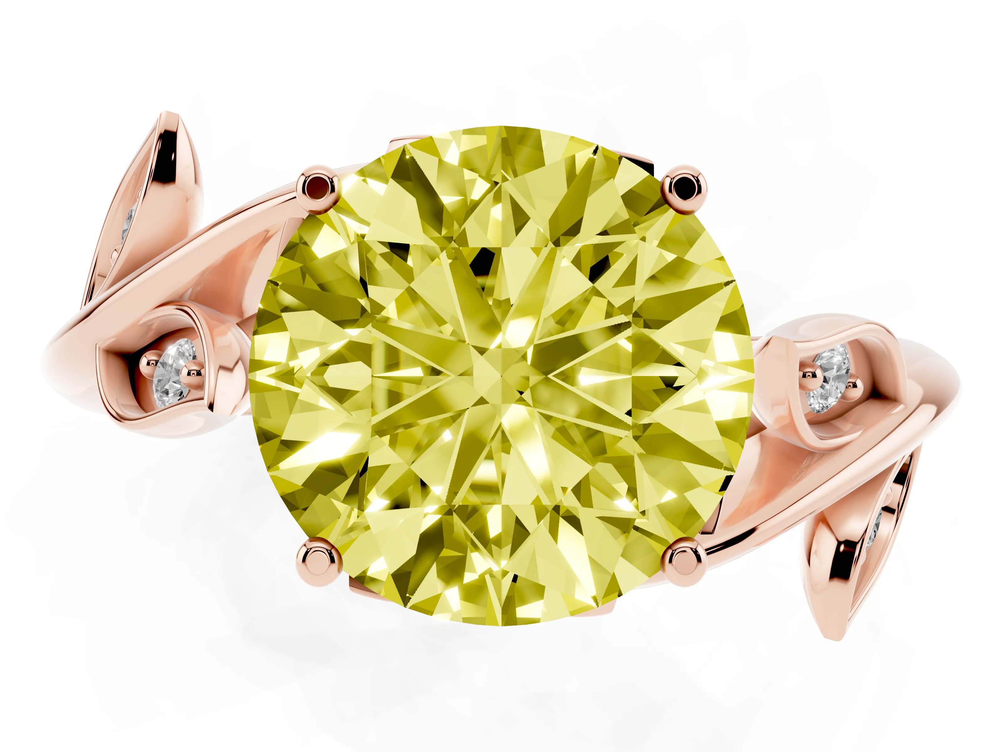 Fancy Yellow Round Cut Diamond Solitaire Twist Engagement Ring Set in Rose gold with Pavé Leaf Accents
