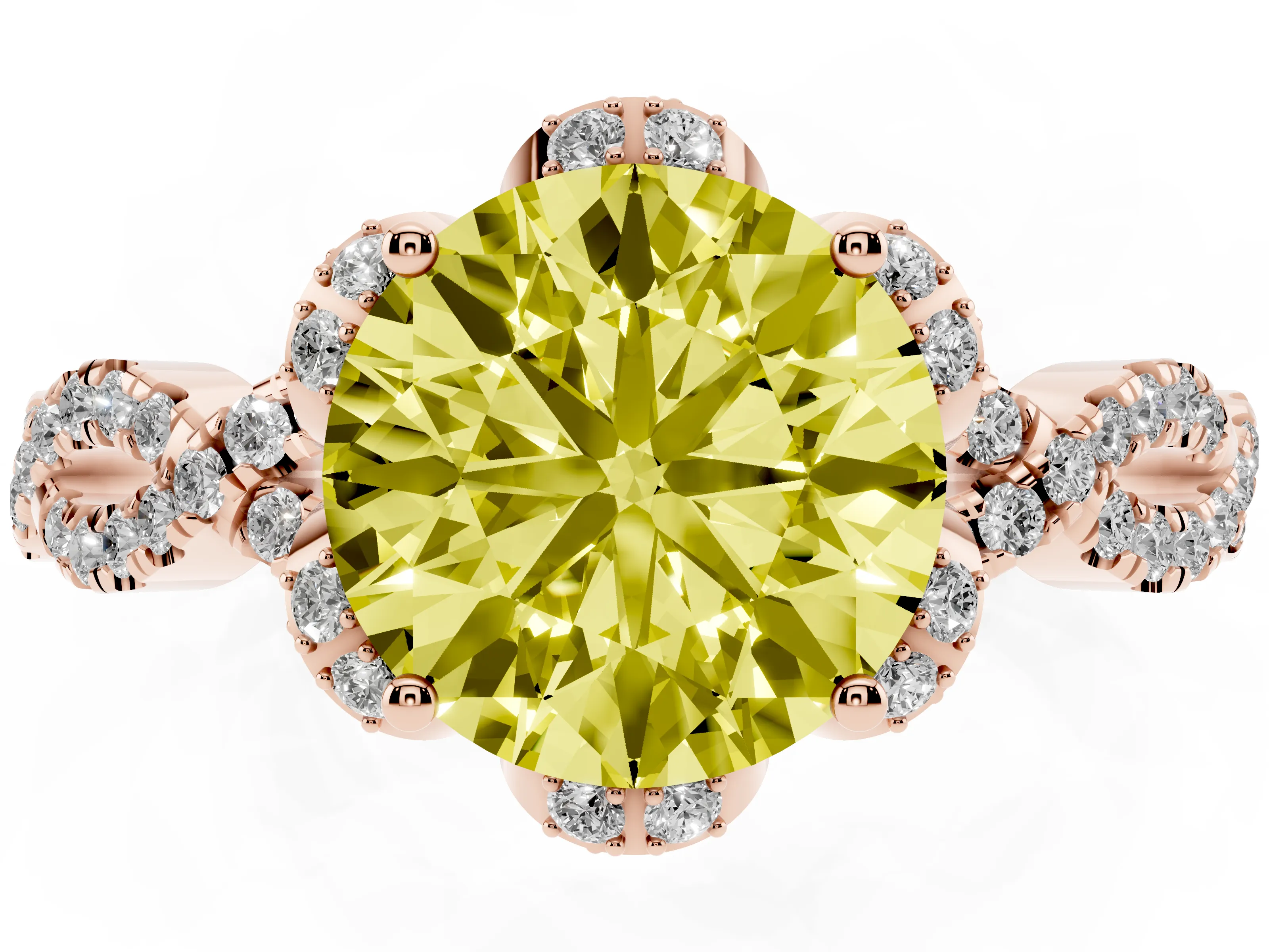Fancy Yellow Round Cut Diamond Halo Twist Band Solitaire Ring Set in Rose gold with Prong-Set Center Stone