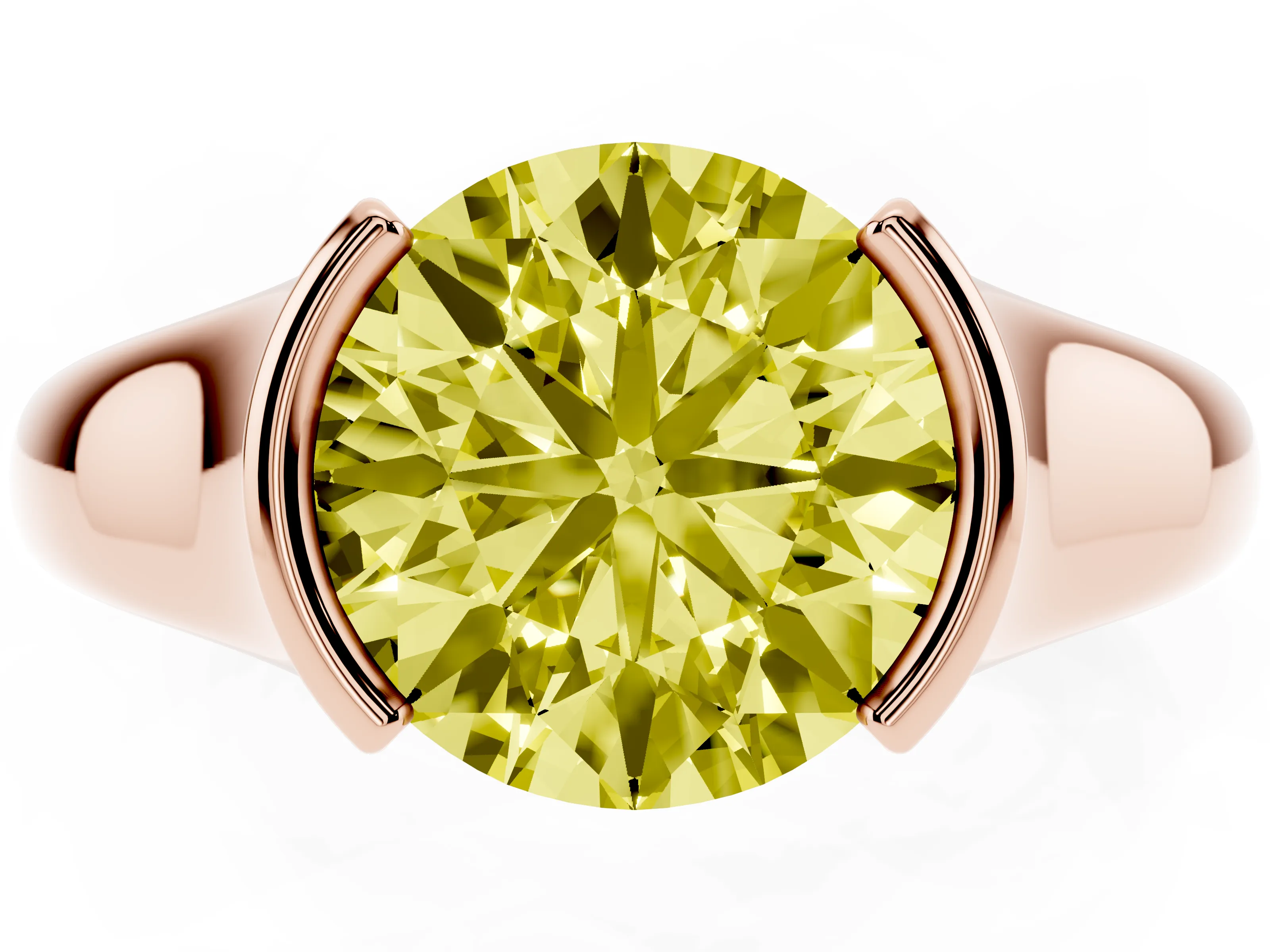 Fancy Yellow Round Cut Diamond Solitaire Tension Set Ring Set in Rose gold with Split Shank Band