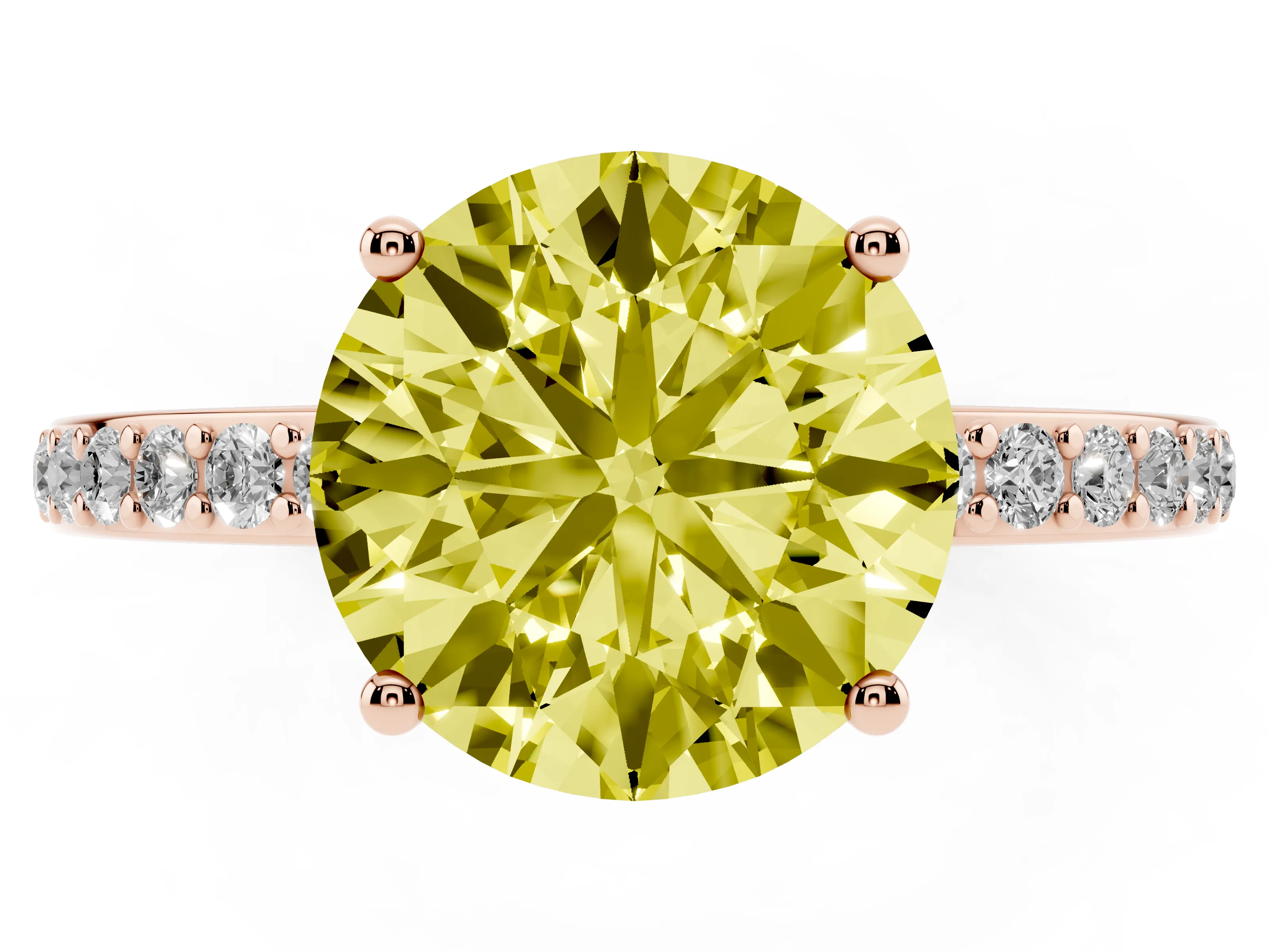 Fancy Yellow Round Cut Diamond Pavé Band Ring Set in Rose gold with Prong-Set Center Stone