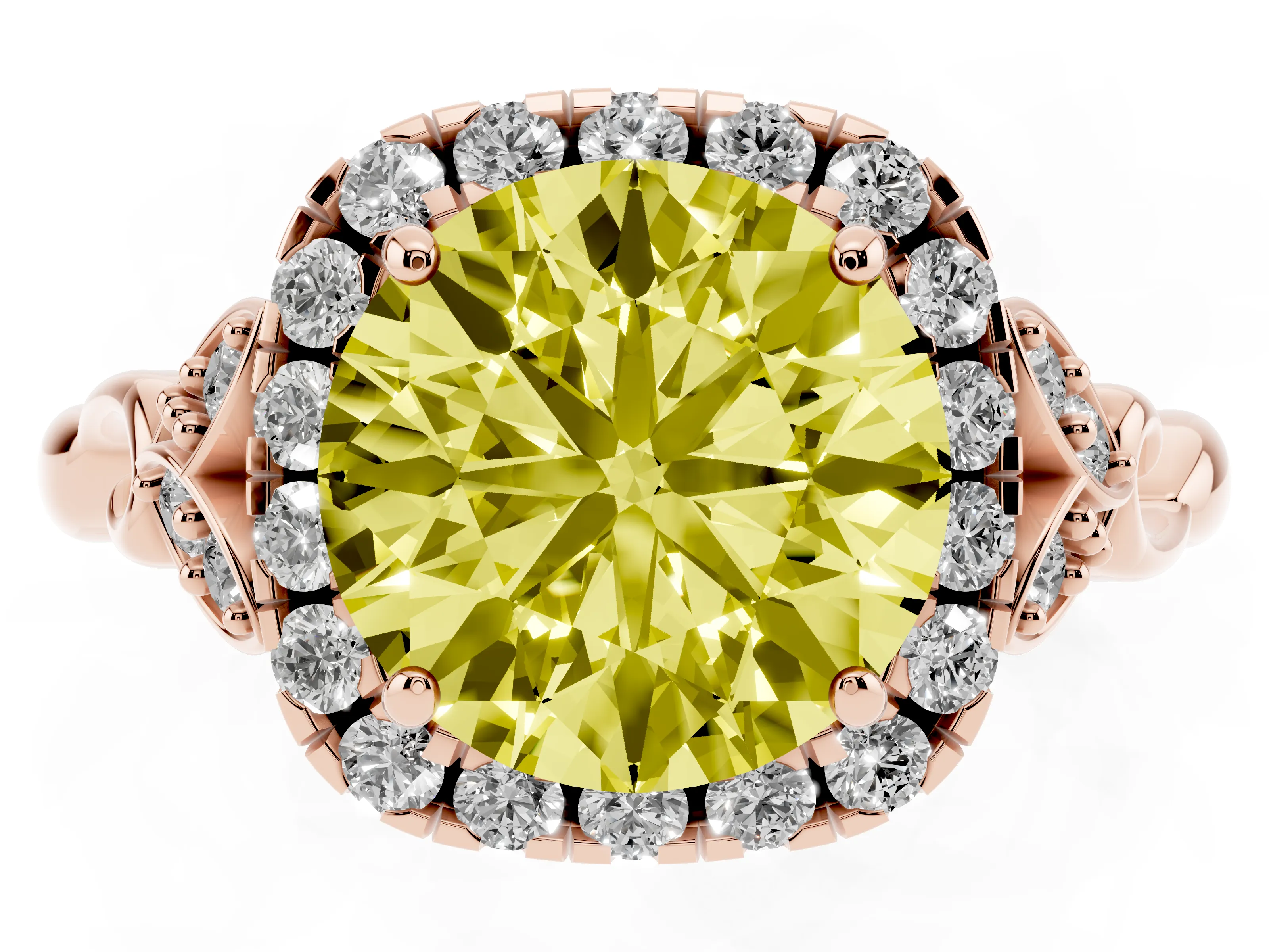 Fancy Yellow Round Cut Diamond Halo Engagement Ring Set in Rose gold with Vintage-Inspired Band and Prong Setting
