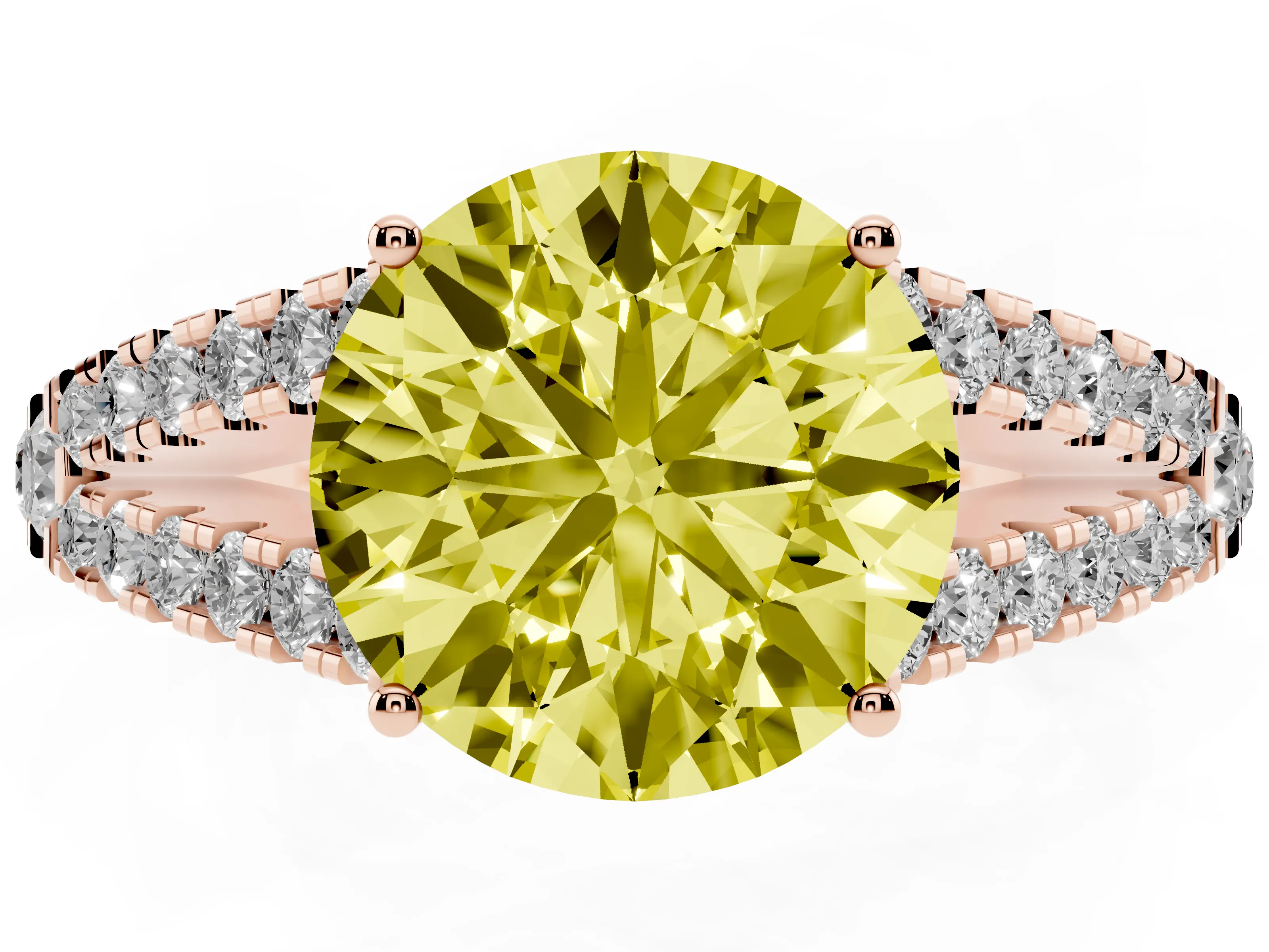 Fancy Yellow Round Cut Diamond Split Shank Pavé Engagement Ring Set in Rose gold with Prong-Held Center Stone