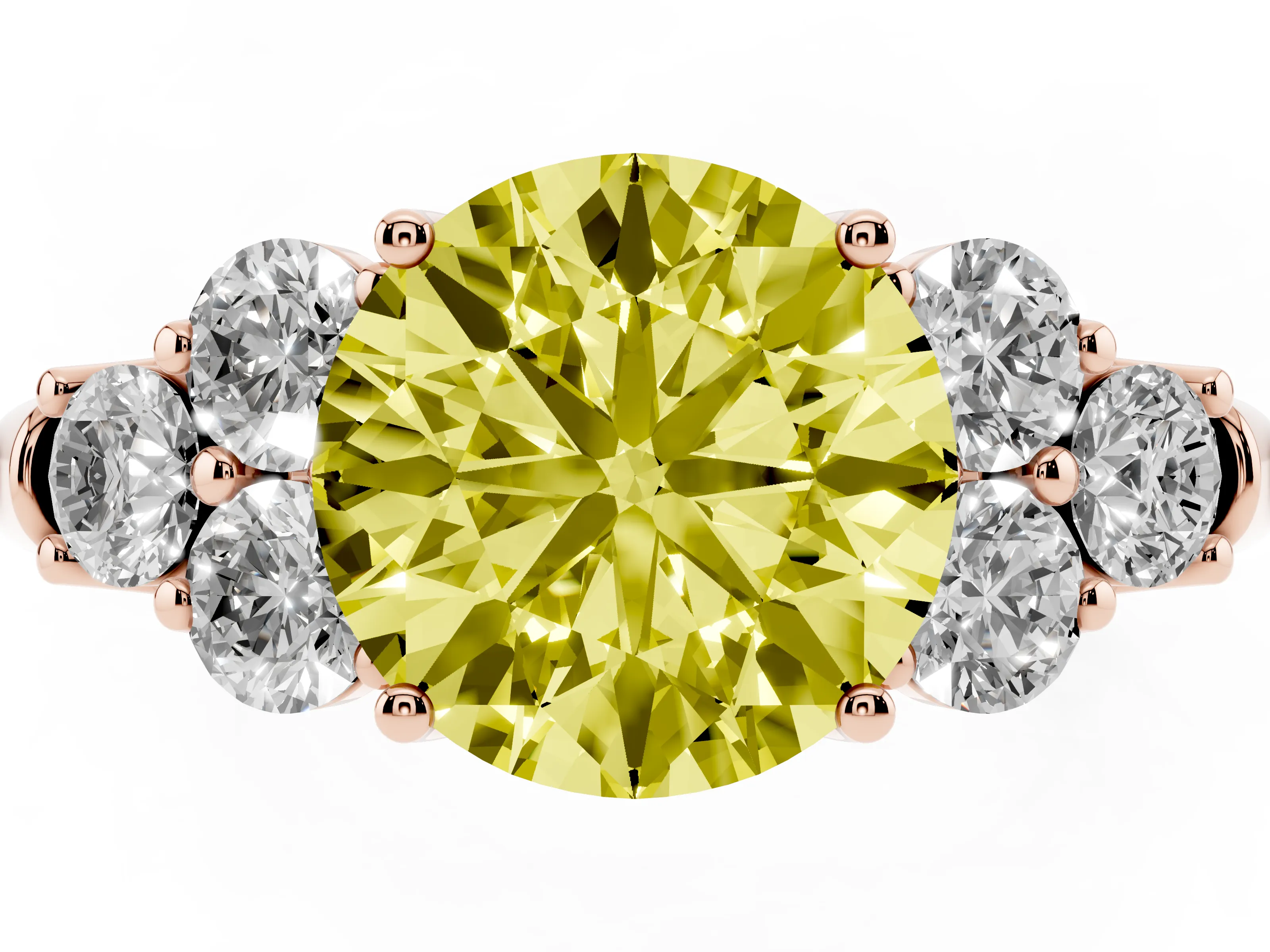 Fancy Yellow Round Cut Diamond Cluster Ring Set in Rose gold with Round Accent Stones and Prong Setting on a Plain Band
