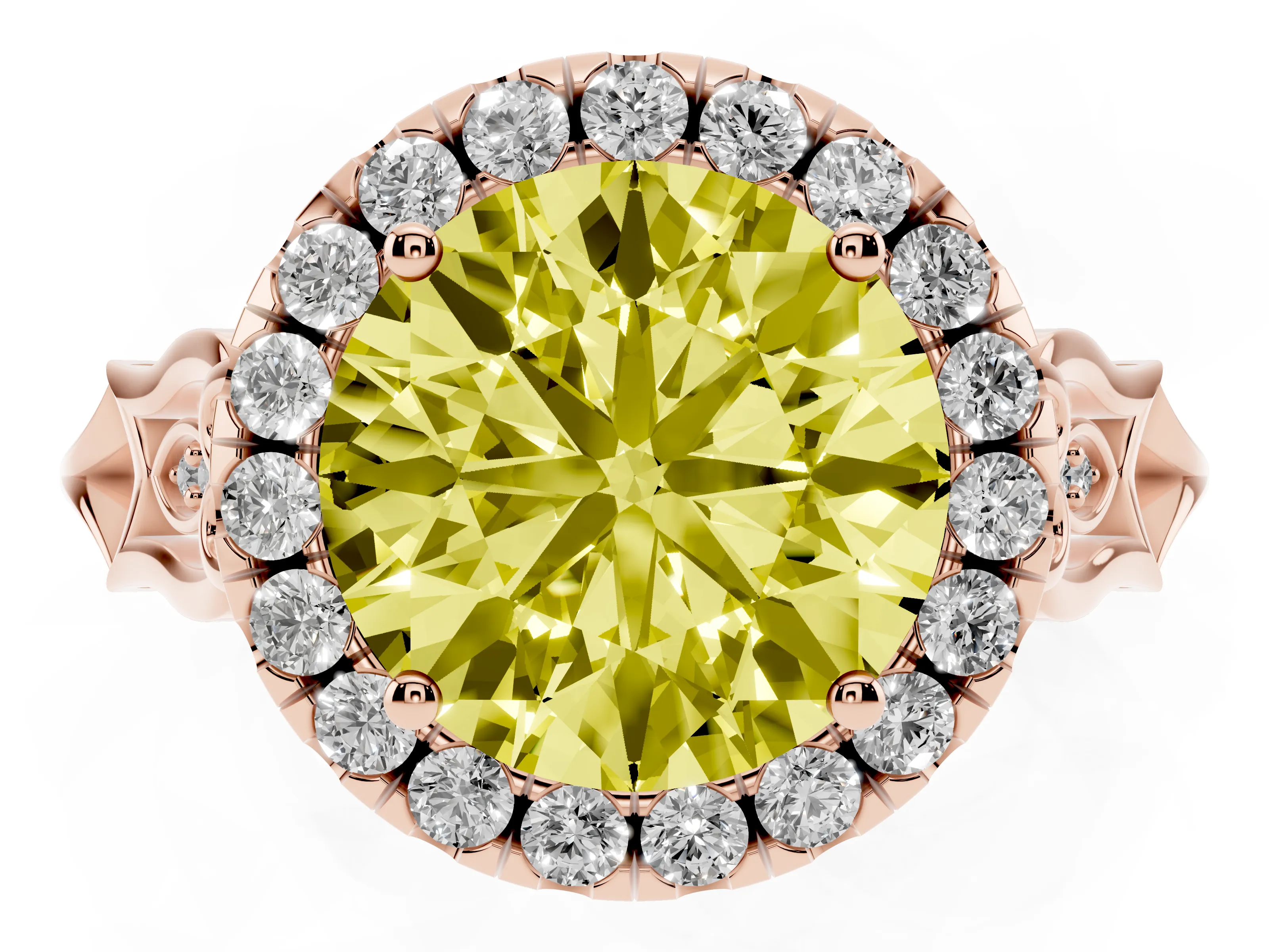 Fancy Yellow Round Cut Diamond Halo Engagement Ring Set in Rose gold with Filigree Band and Prong-Set Center