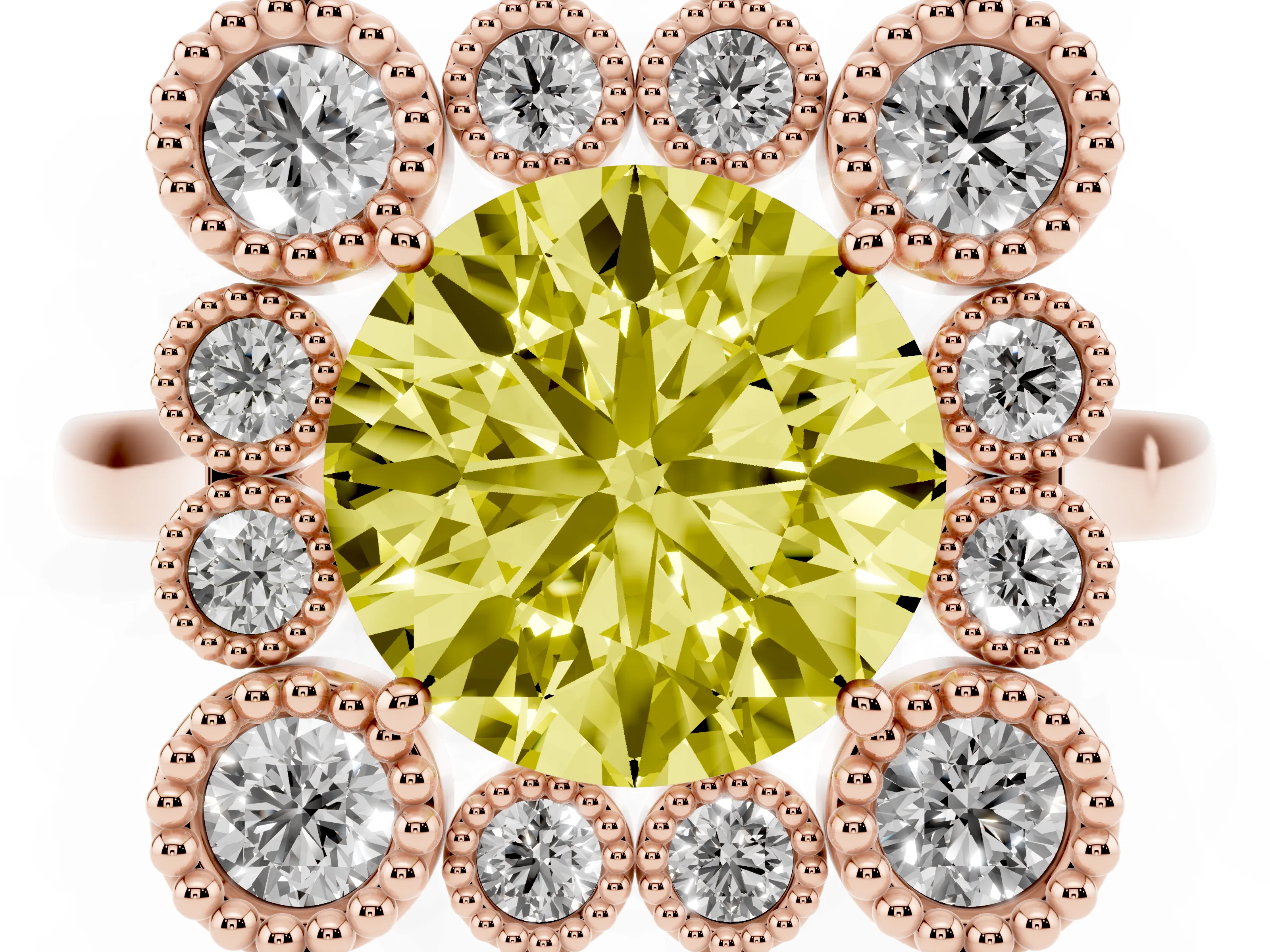 Fancy Yellow Round Cut Diamond Cluster Halo Ring Set in Rose gold with Milgrain Bezel Accents and Plain Band