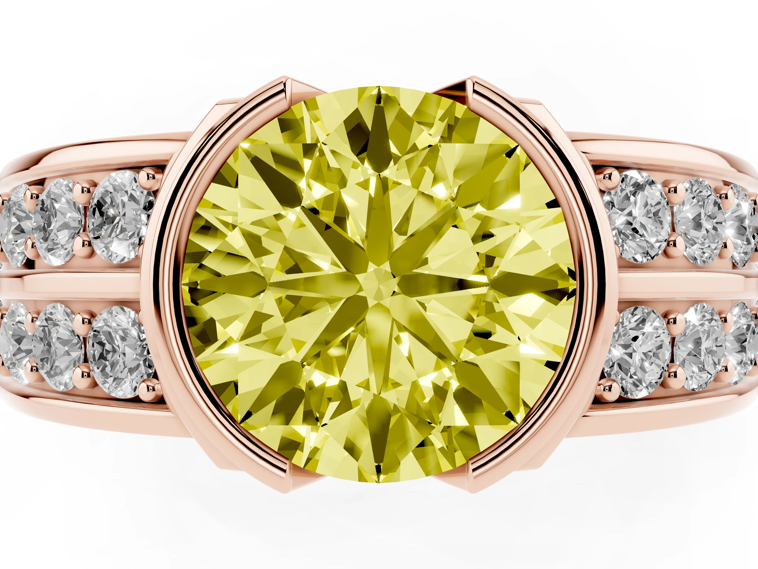 Fancy Yellow Round Cut Diamond Wide Channel Set Band Ring Set in Rose gold with Bezel Setting