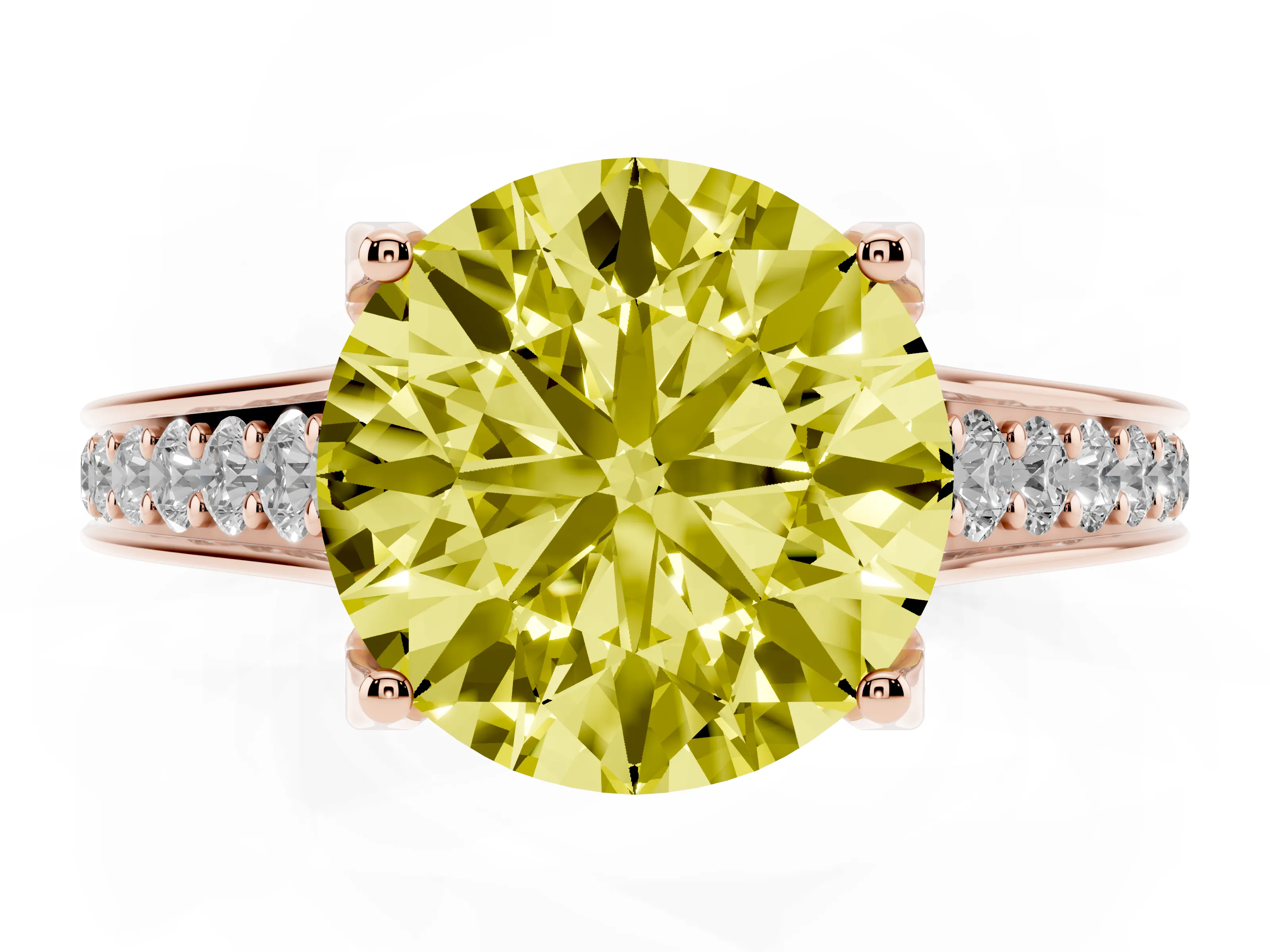 Fancy Yellow Round Cut Diamond Solitaire Pavé Engagement Ring Set in Rose gold with Prong Setting