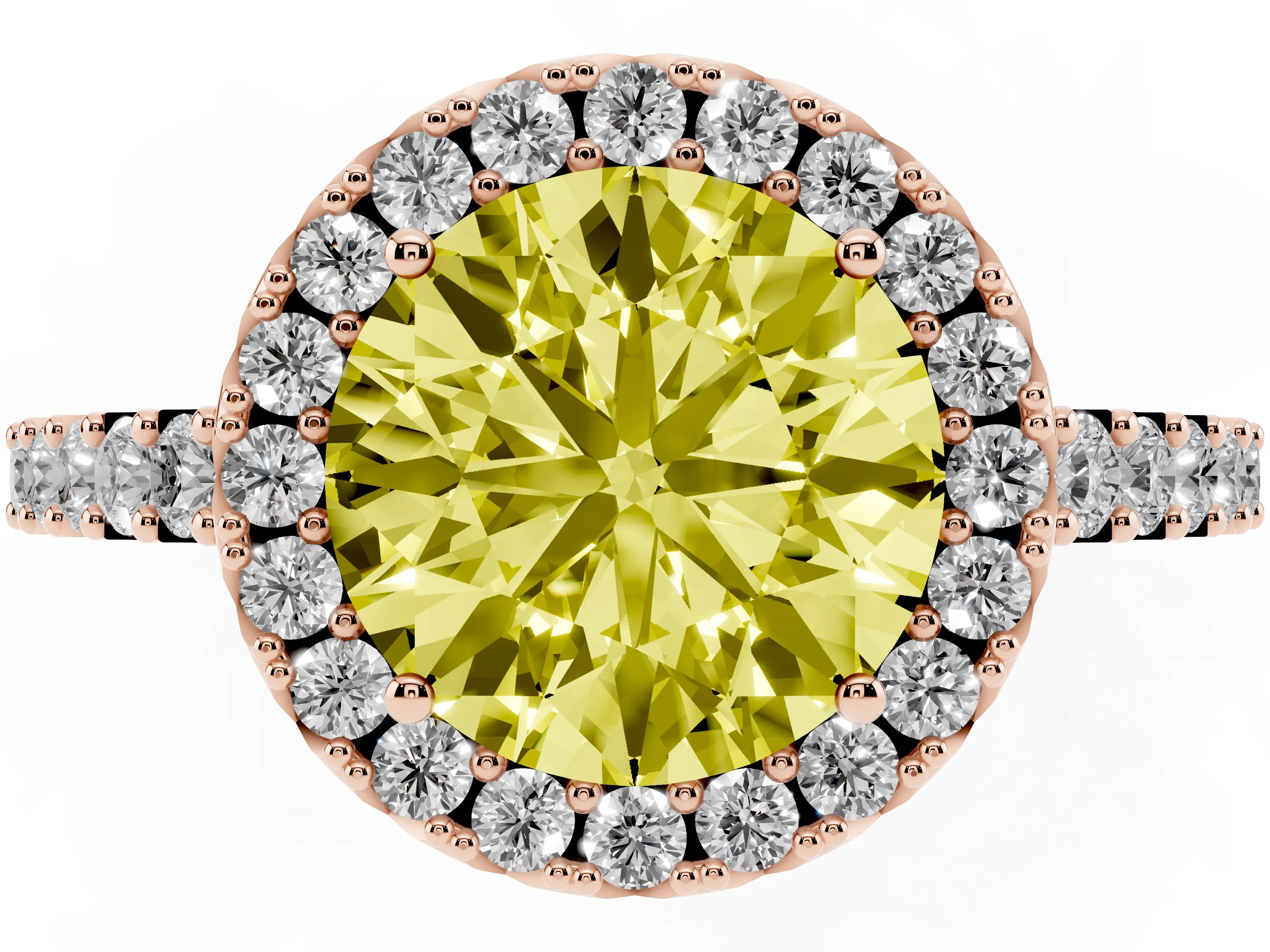 Fancy Yellow Round Cut Diamond Halo Pavé Solitaire Ring Set in Rose gold with Prong-Set Center Stone