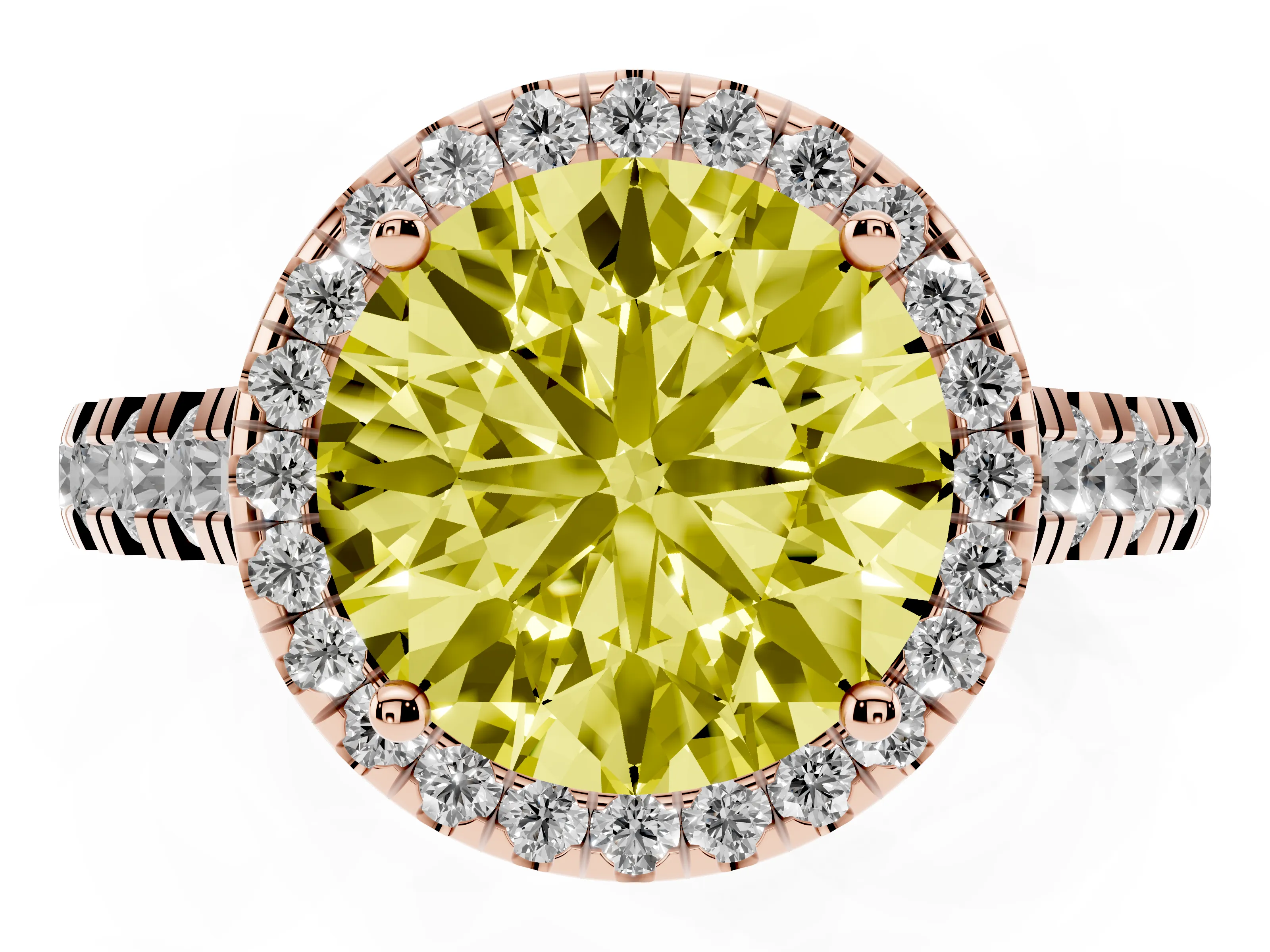 Fancy Yellow Round Cut Diamond Halo Engagement Ring Set in Rose gold with Pavé Band and Prong-Set Center