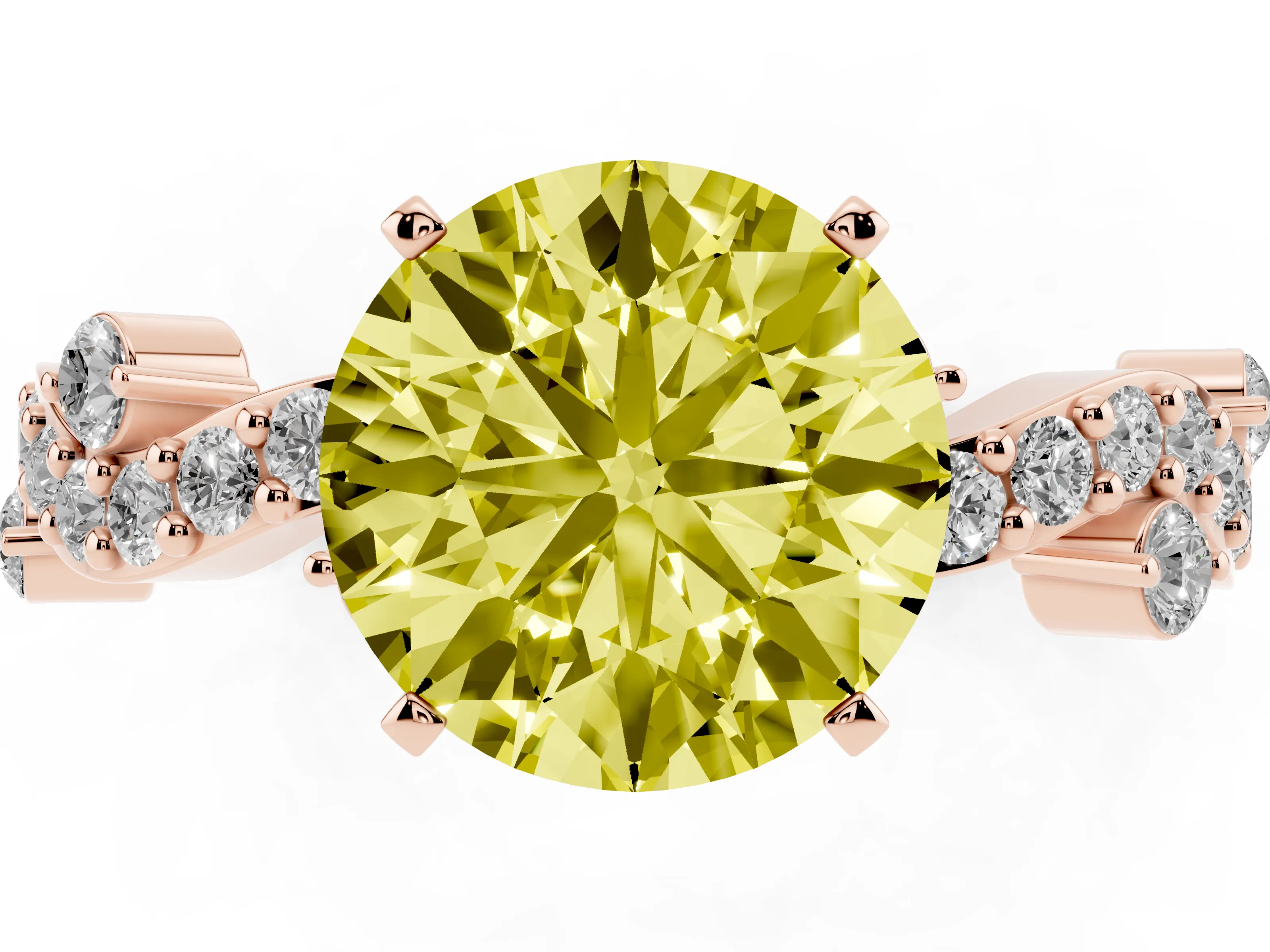 Fancy Yellow Round Cut Diamond Solitaire Twisted Band Set in Rose gold with Pavé Setting
